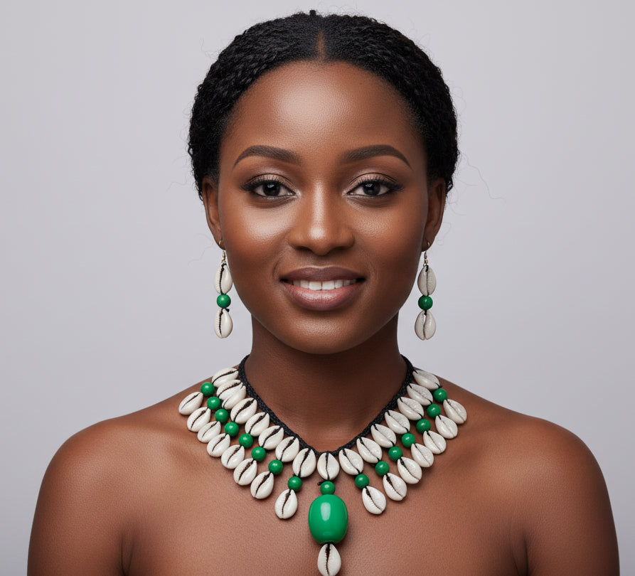 Cowrie Shell Necklace/ Earring Set- Green