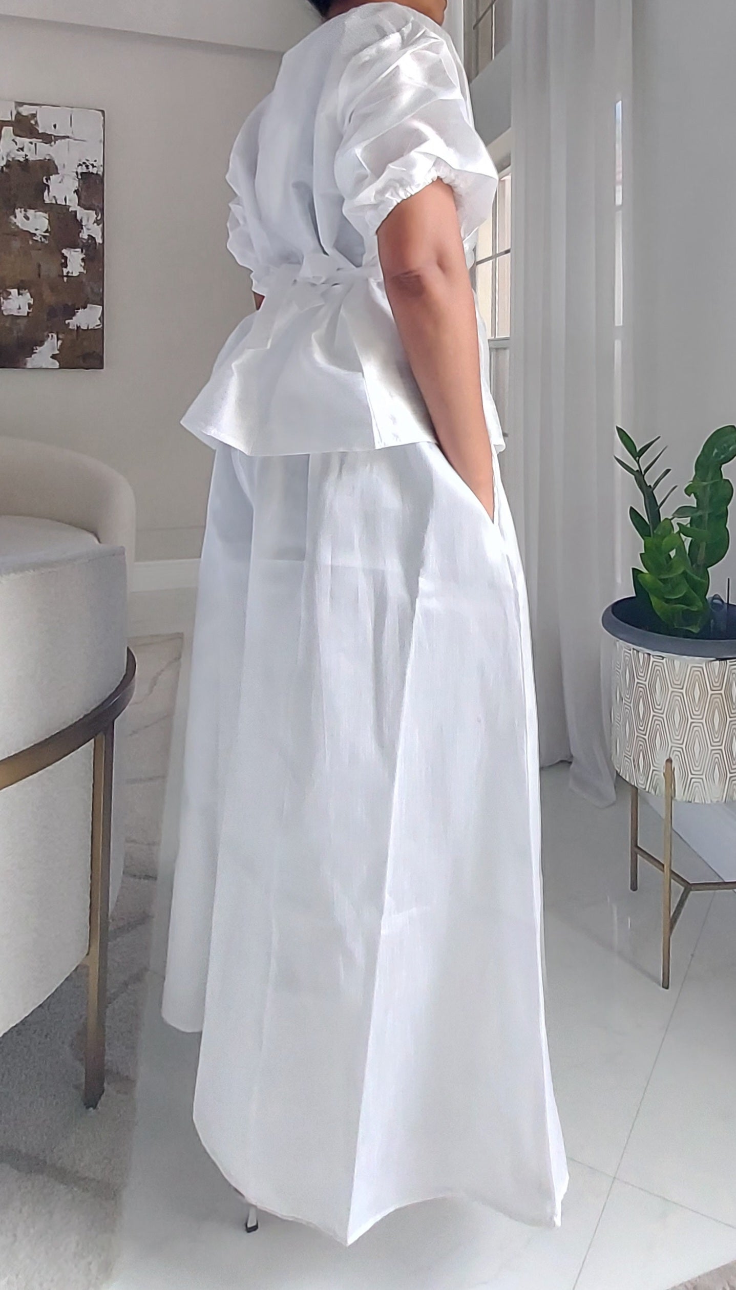 Faux Silk Palazzo Pant Set - 4196 White