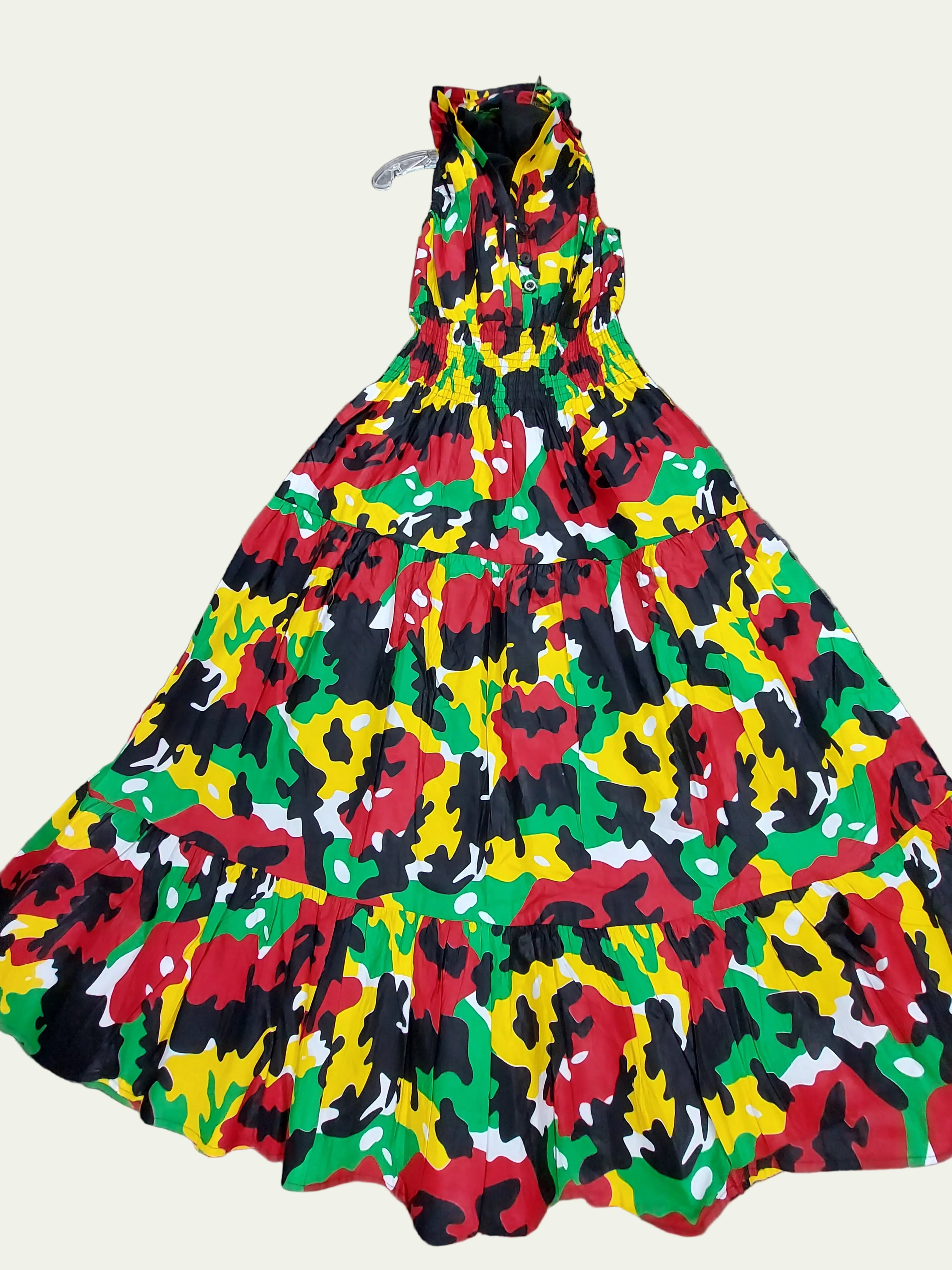 Smocked Halter Dress With Scarf Army Rasta - 3028L