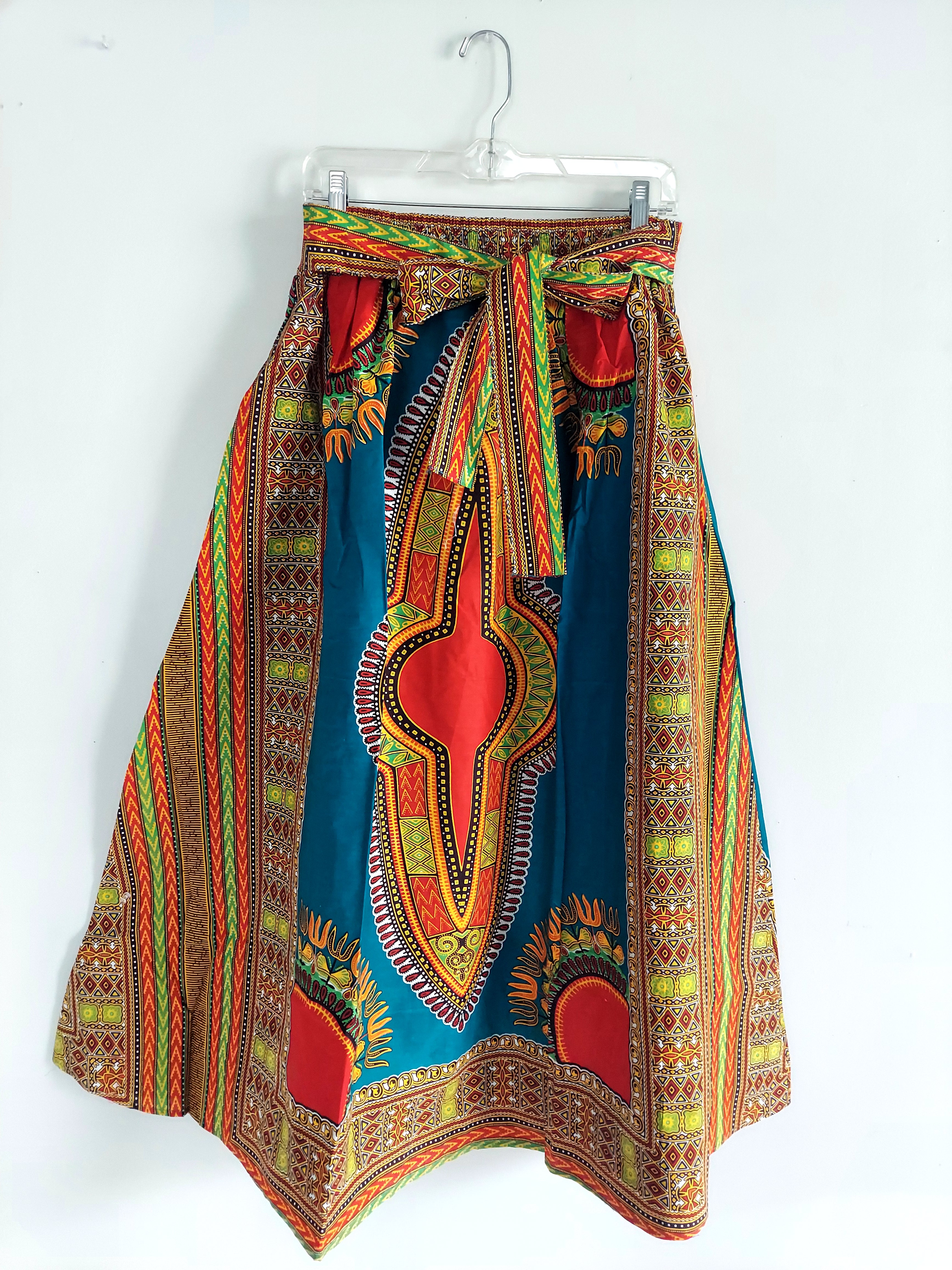 Women Long Dashiki Print Skirt - 6011D Teal/Red