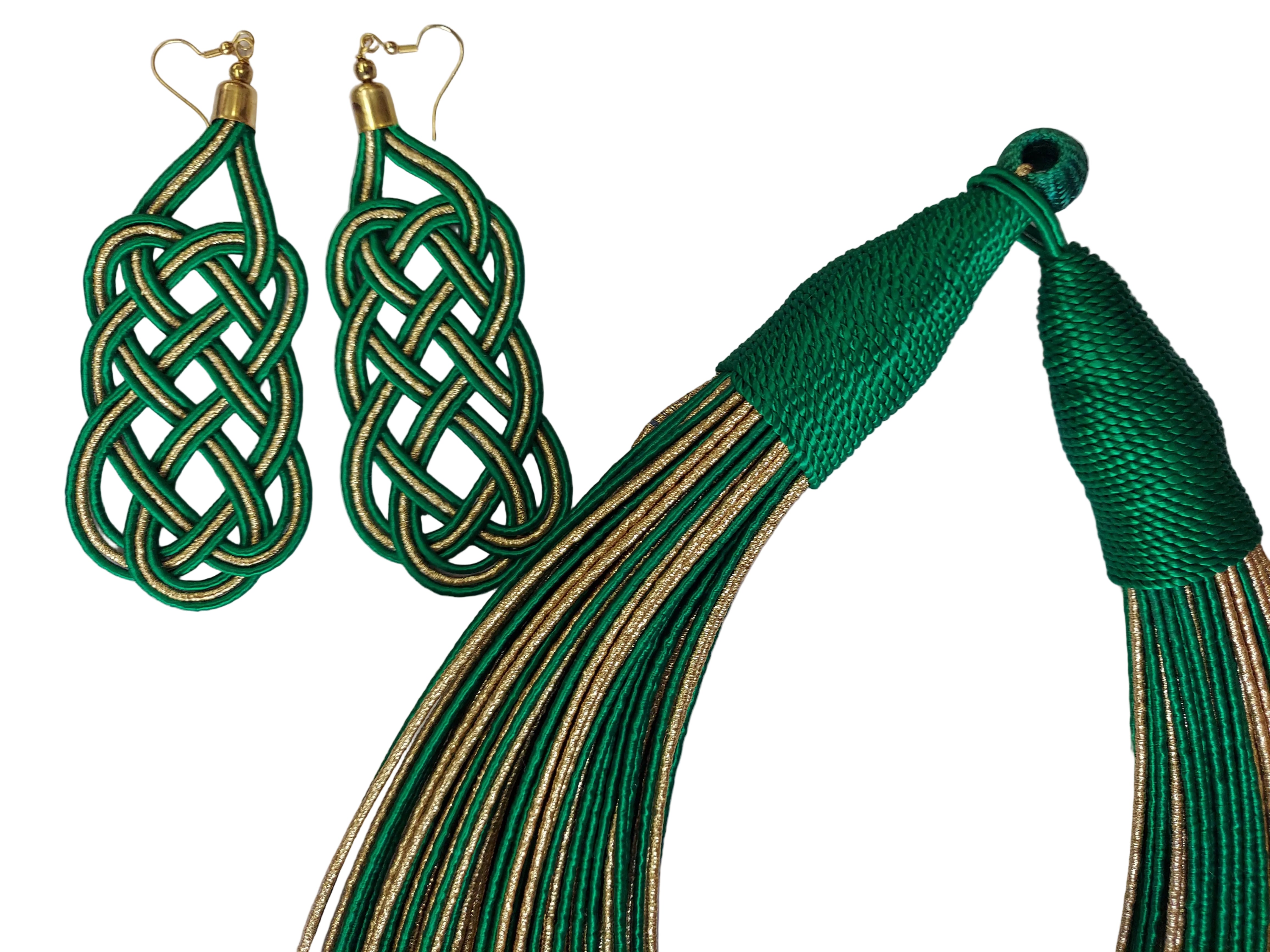 Rope Layered Necklace & Earrings Set Two Tone Green/Gold