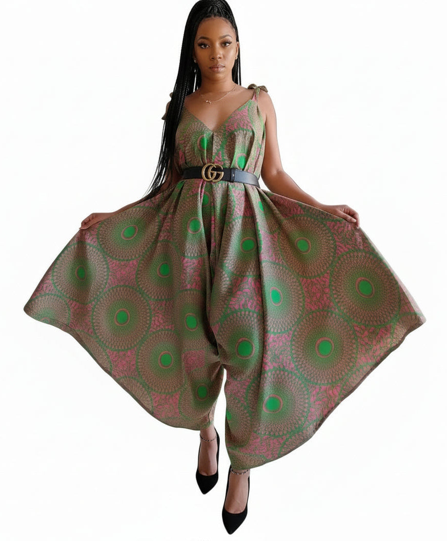 Harem Romper / Jumpsuit -Green/Pink 9003