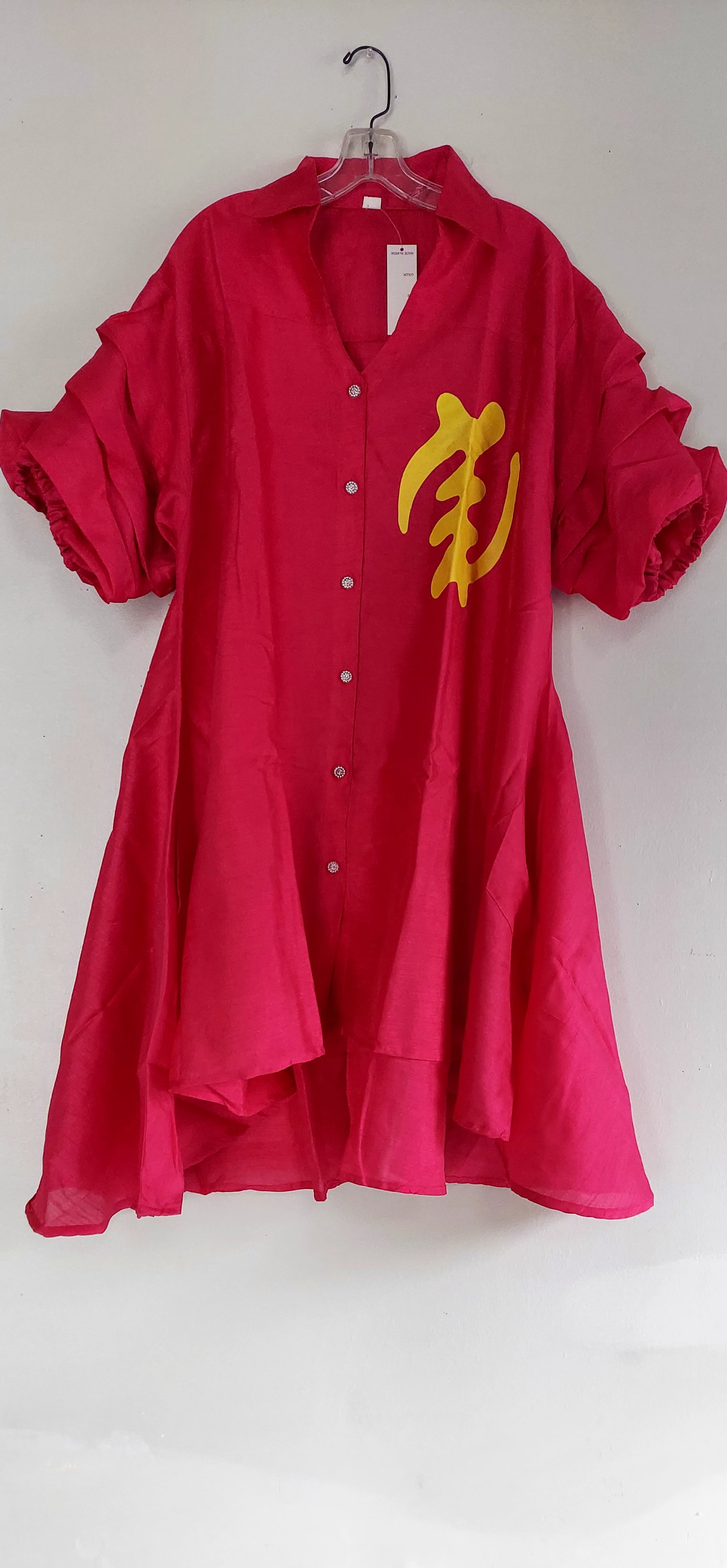 Swing Dress/ Faux Silk/ Ruffle Sleeve With Gyname Decal 758G Fuchsia