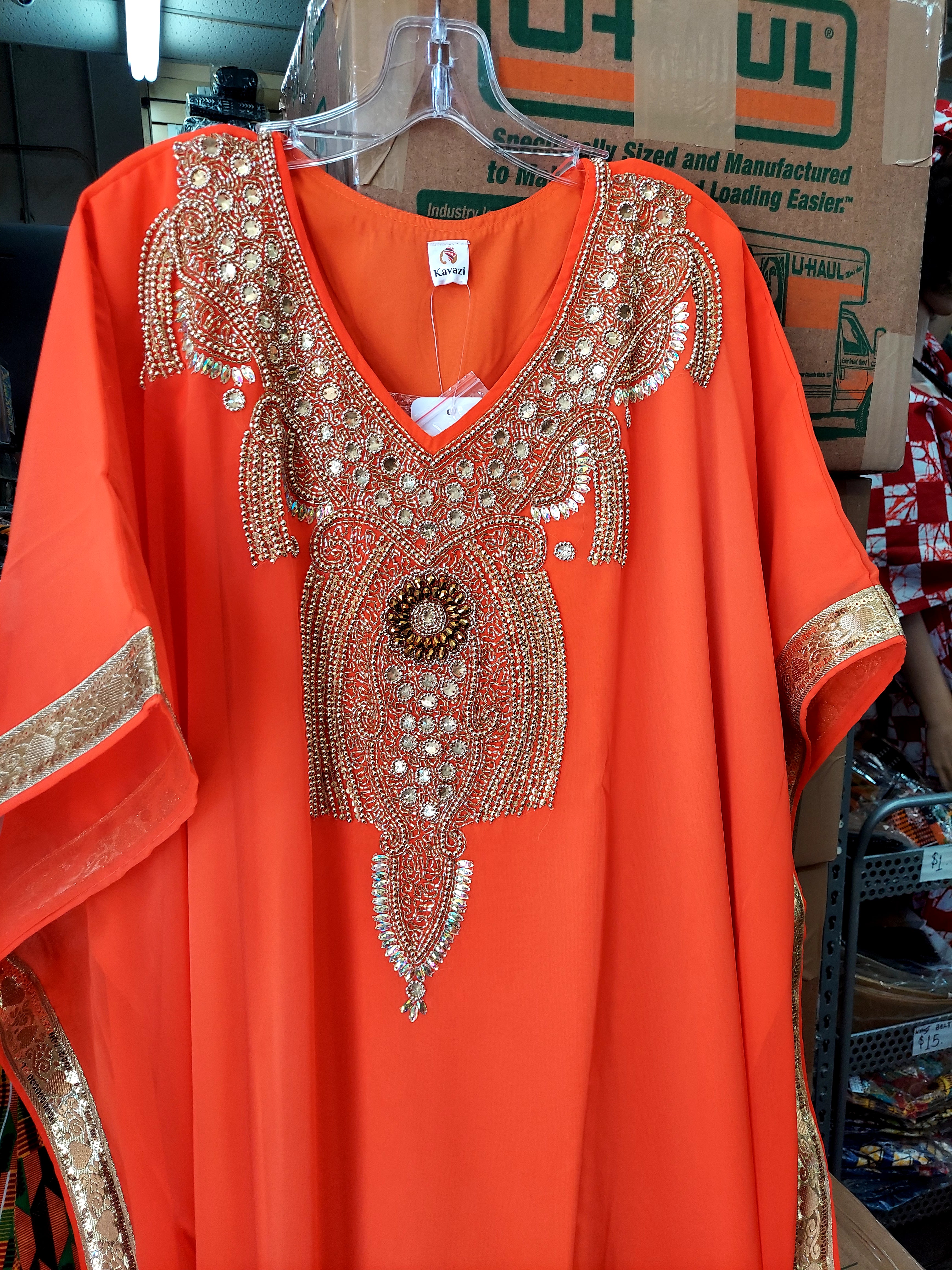 Beaded kaftan Dress With  Border Orange