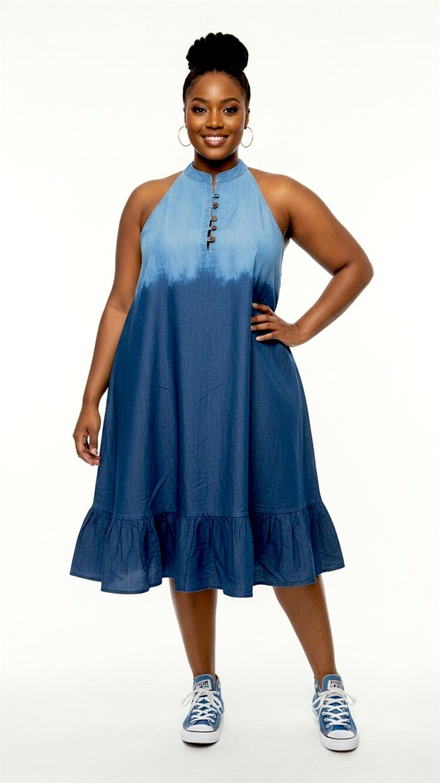 Haltered Neck Button Middi Dress 796 Two Tone  Denim
