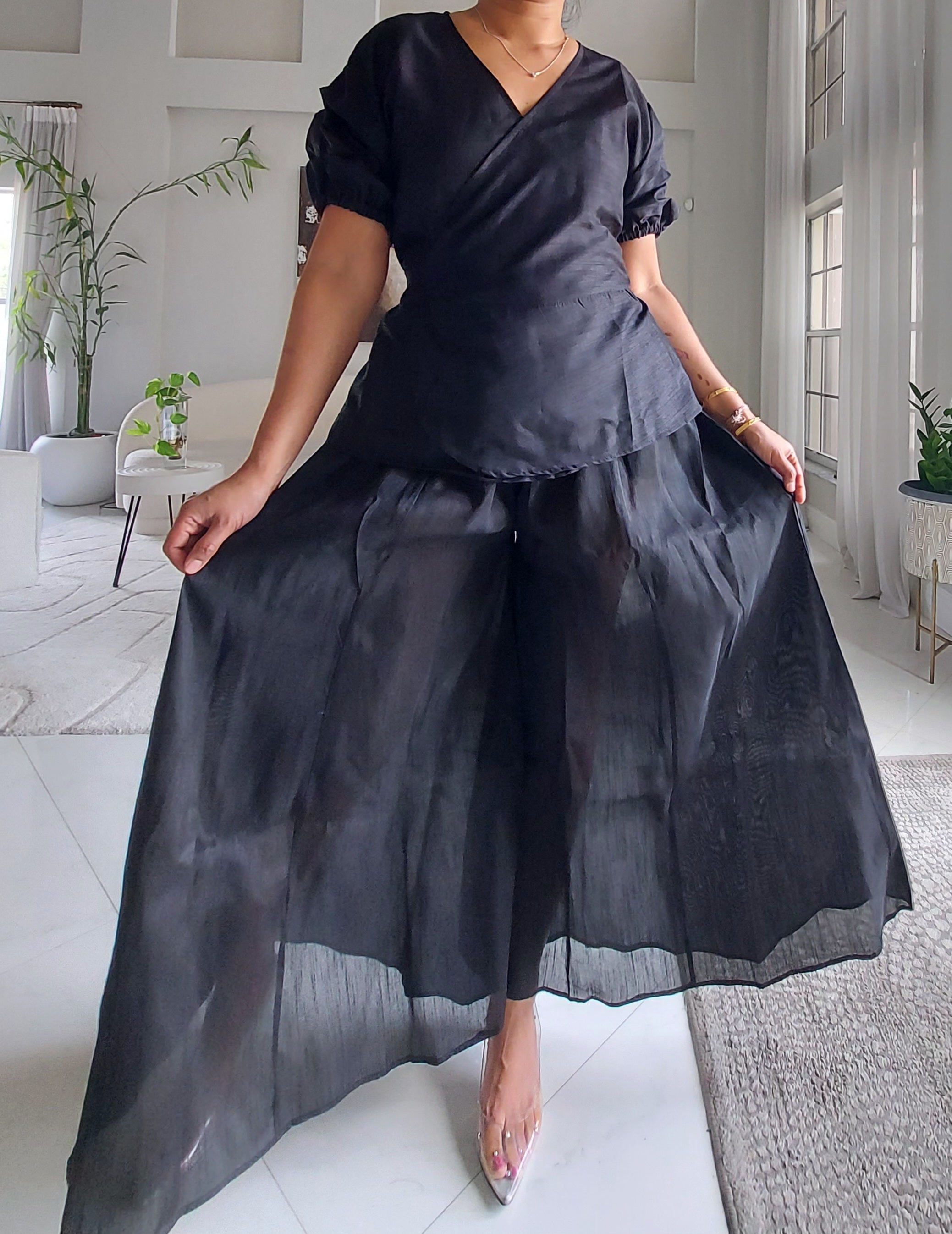 Faux Silk Palazzo Pant Set - Black 4196