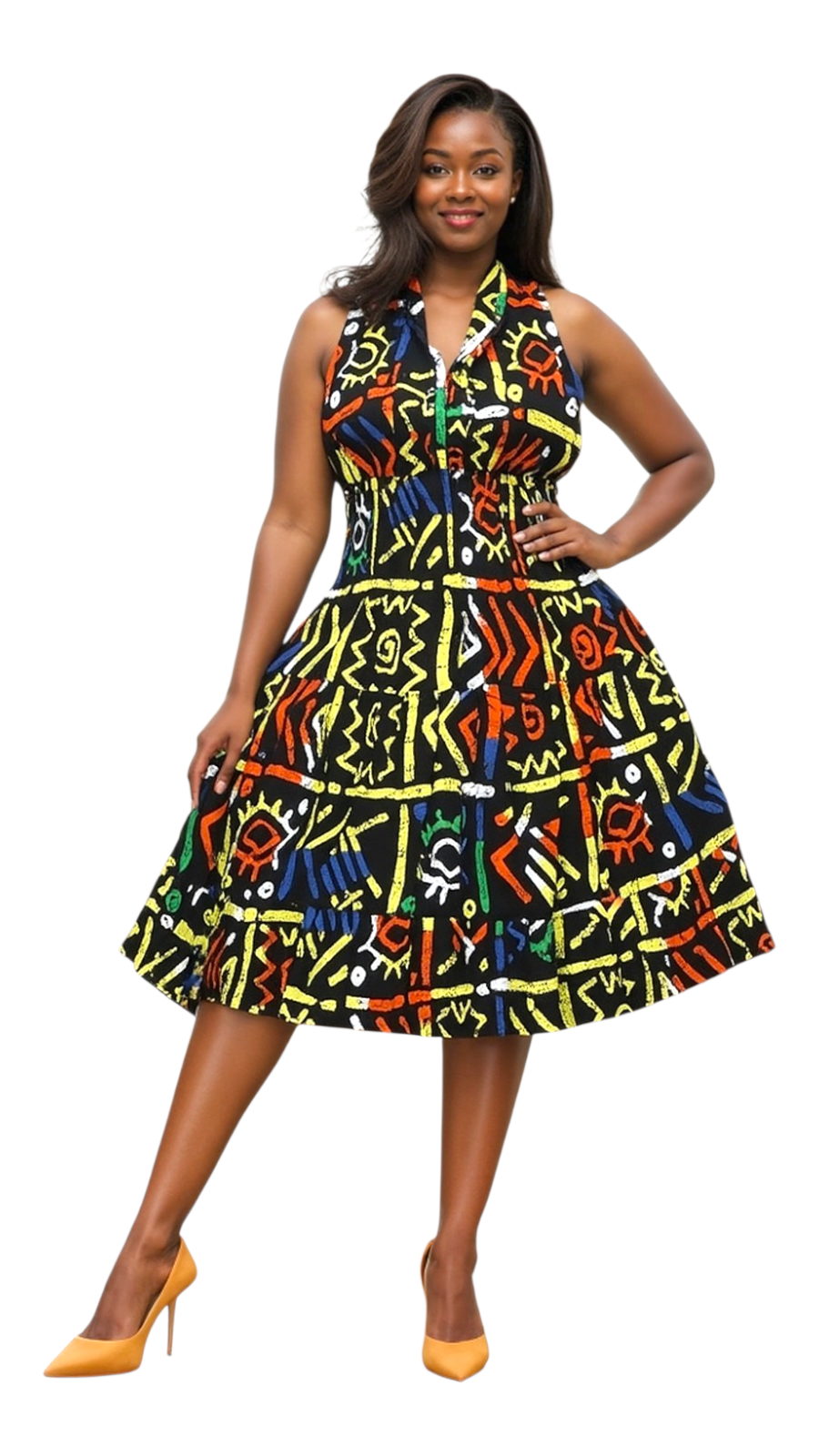 5006 - Woman's Mid-Length Smock Dress Black/Multi