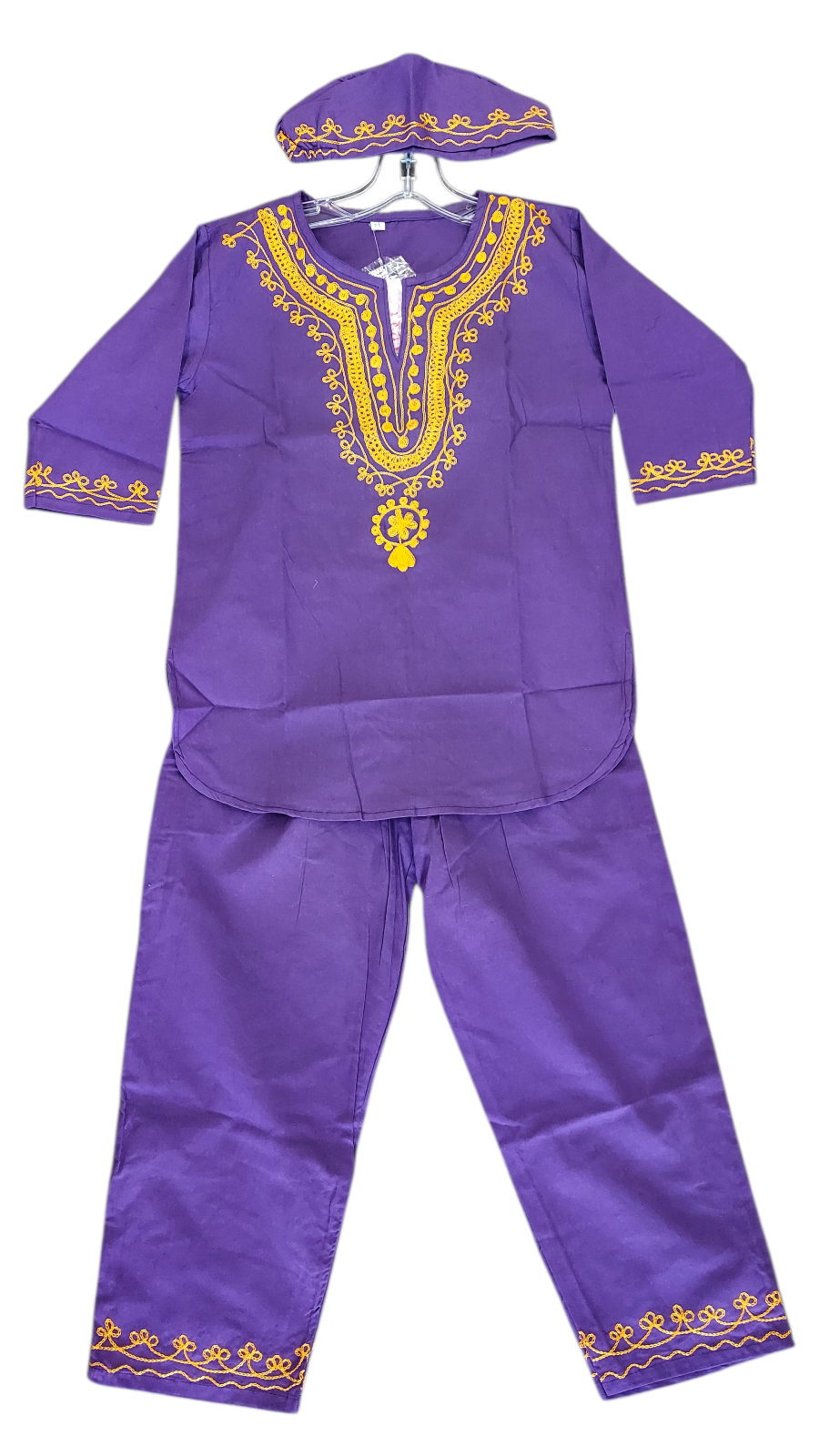 Boys 3 Pcs Embroidery Set/ Pant/Tunic/Kufi Hat 111 Purple