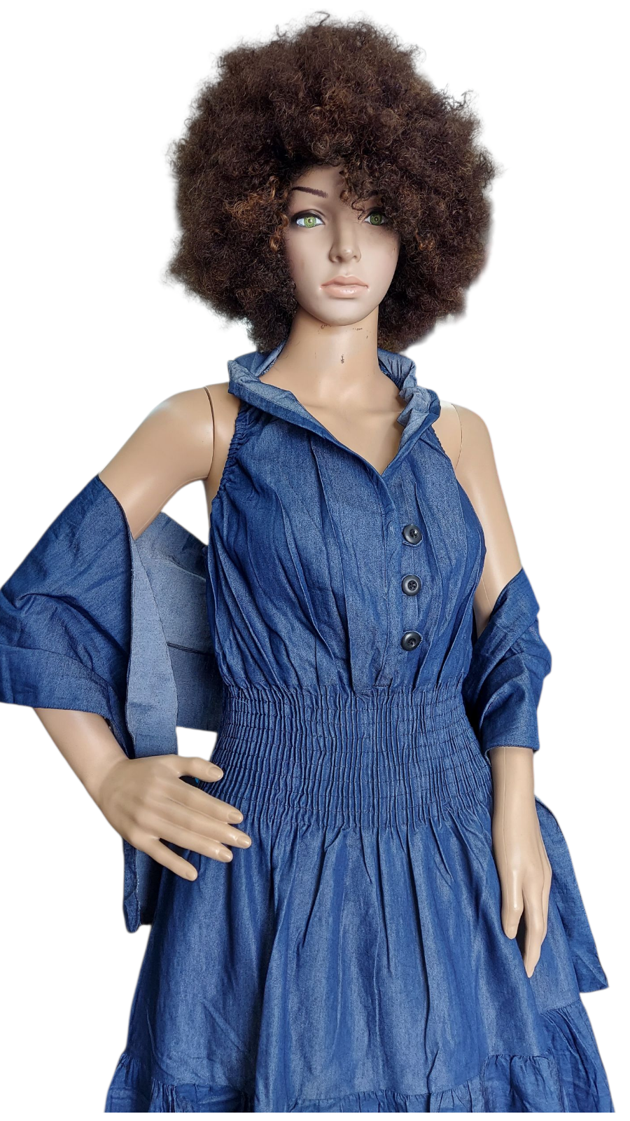 Smocked Halter Dress With Scarf Blue Denim - 3028L