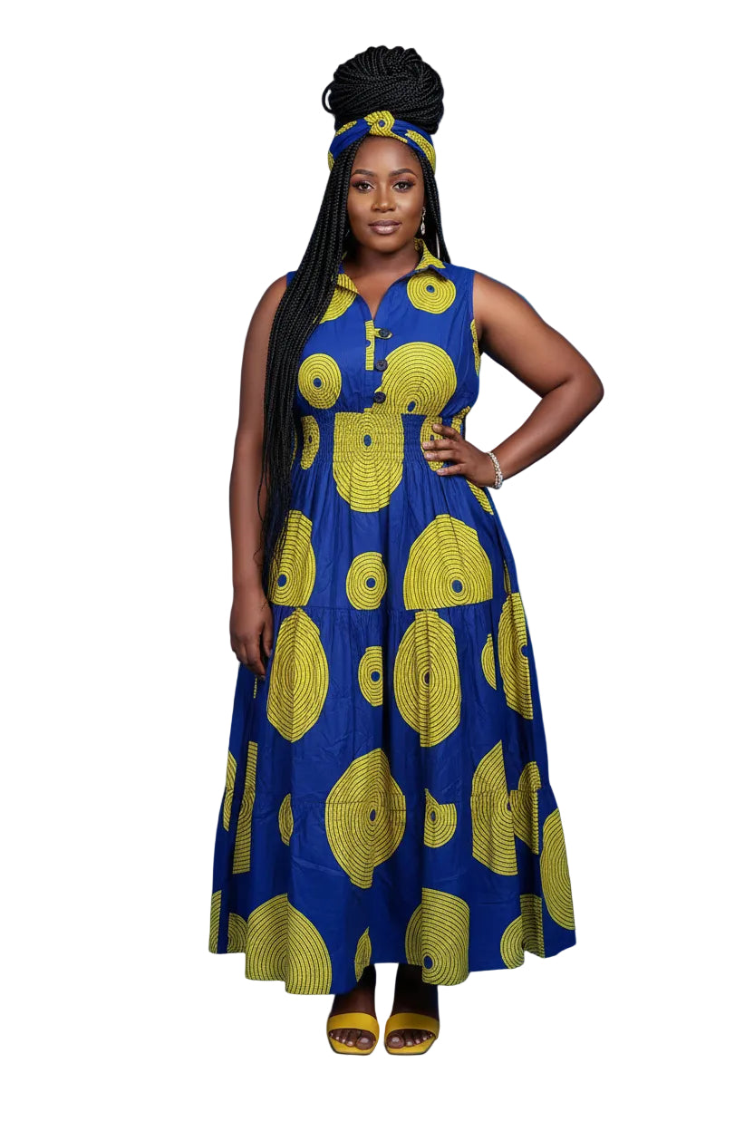 Smocked Halter Dress With Scarf Yellow Circle - 3028L