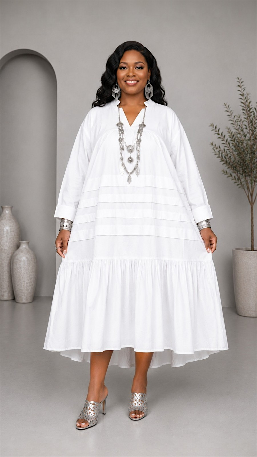 Tiered Midi Dress White-7580