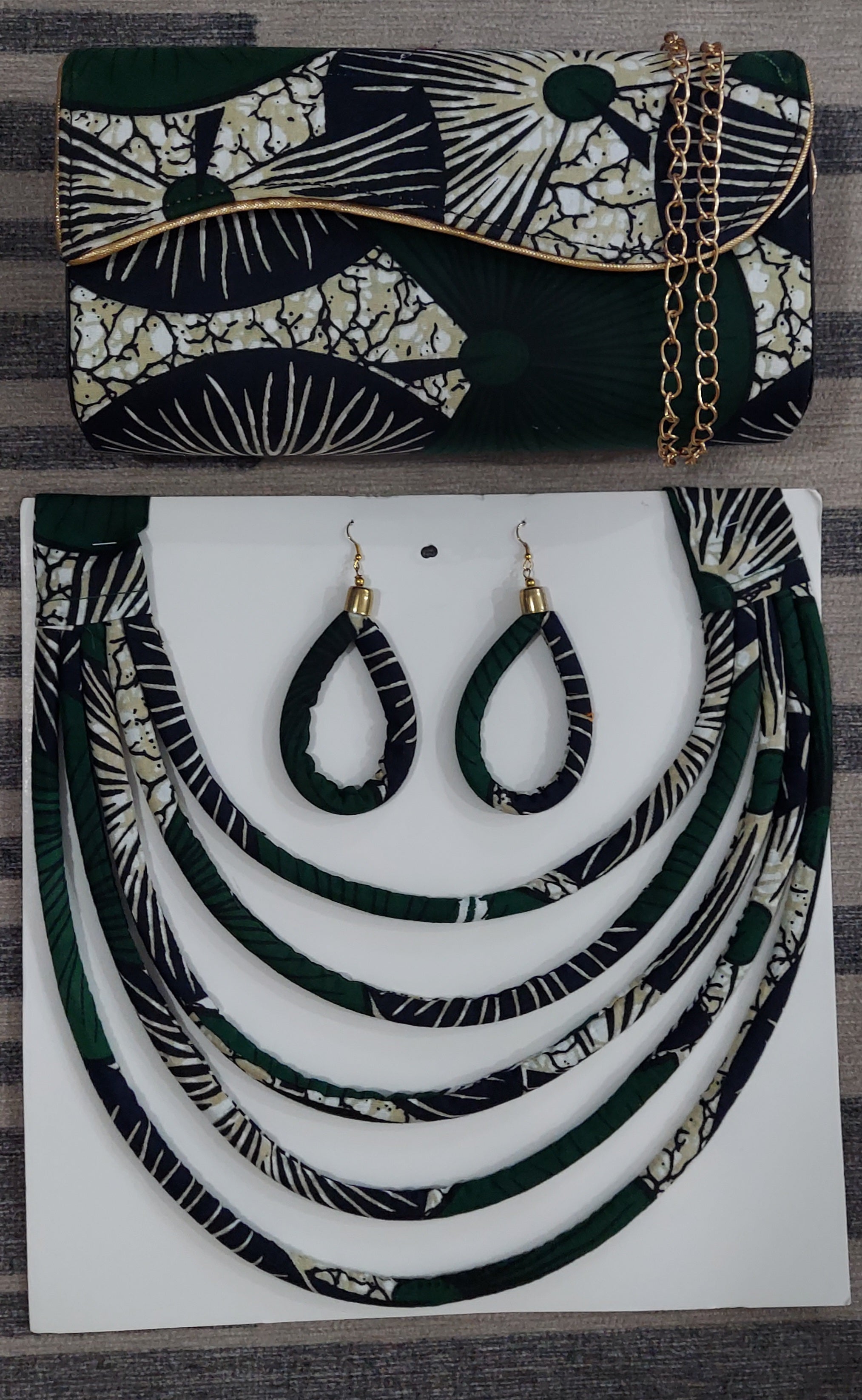 Clutch Bag & Rope  Necklace Set /African Kente /Ankara 23 Green