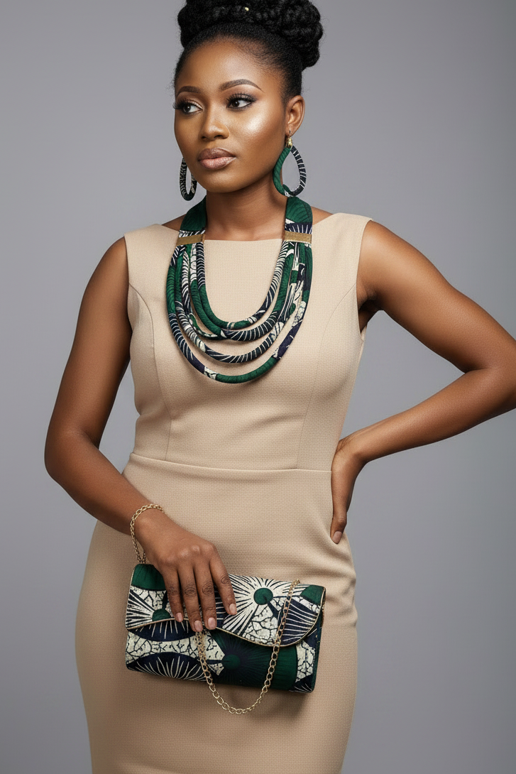 Clutch Bag & Rope  Necklace Set /African Kente /Ankara 23 Green