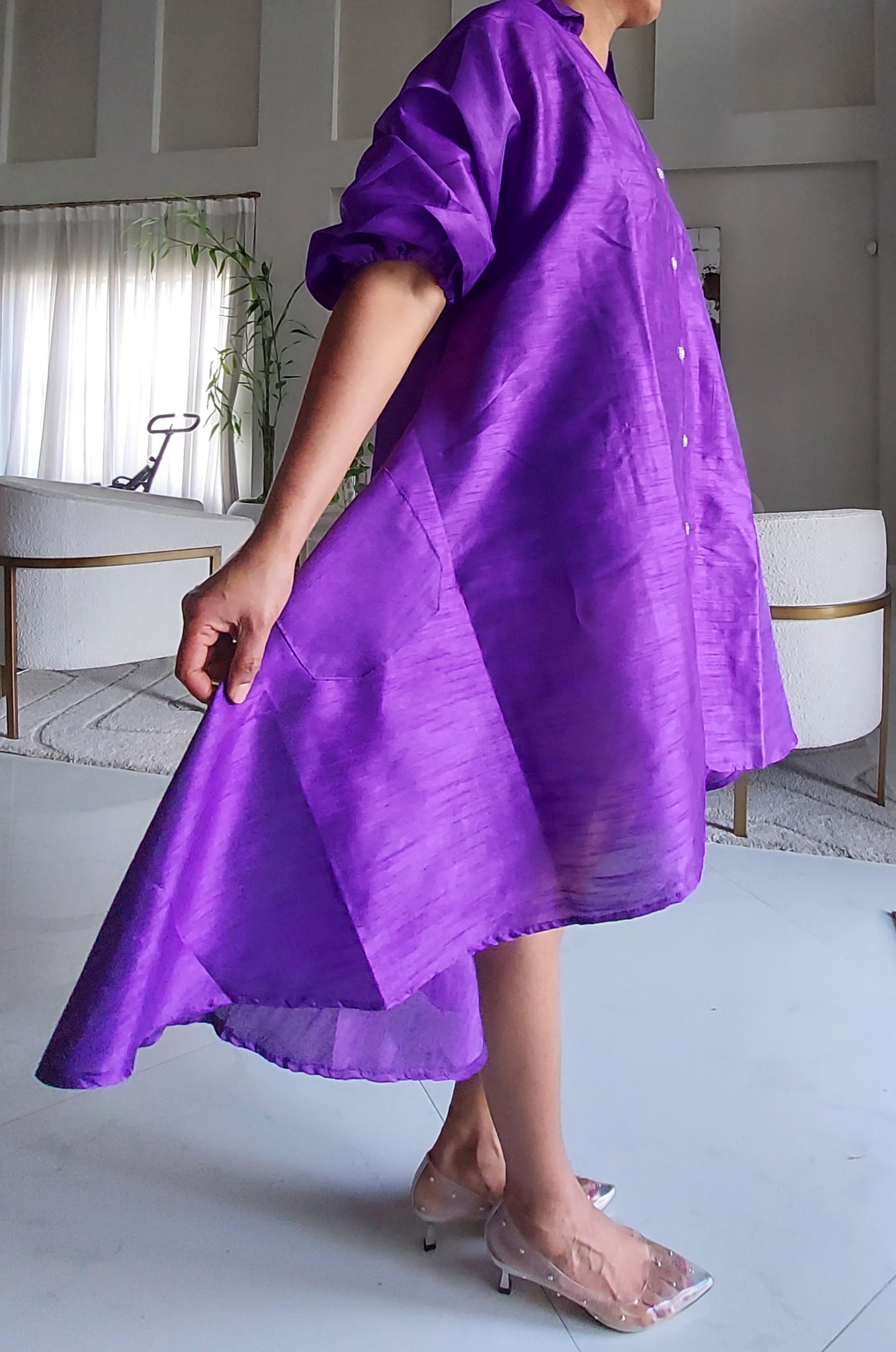 Swing Dress/ Faux Silk/ Ruffle Sleeve - 758 Purple