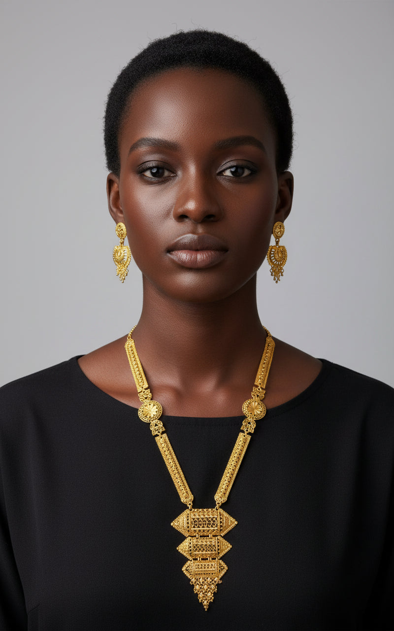 Gold Long Necklace & Earrings Set -1039