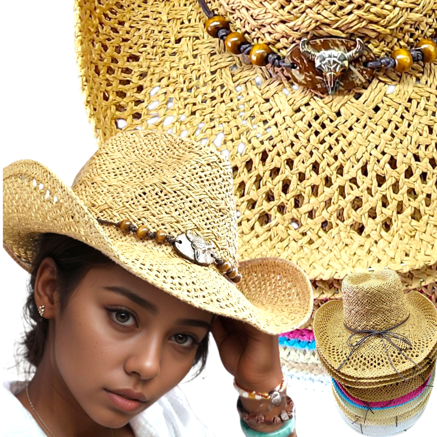 Cowgirl Straw Hat / Pack of 12 Western Hat- Skull
