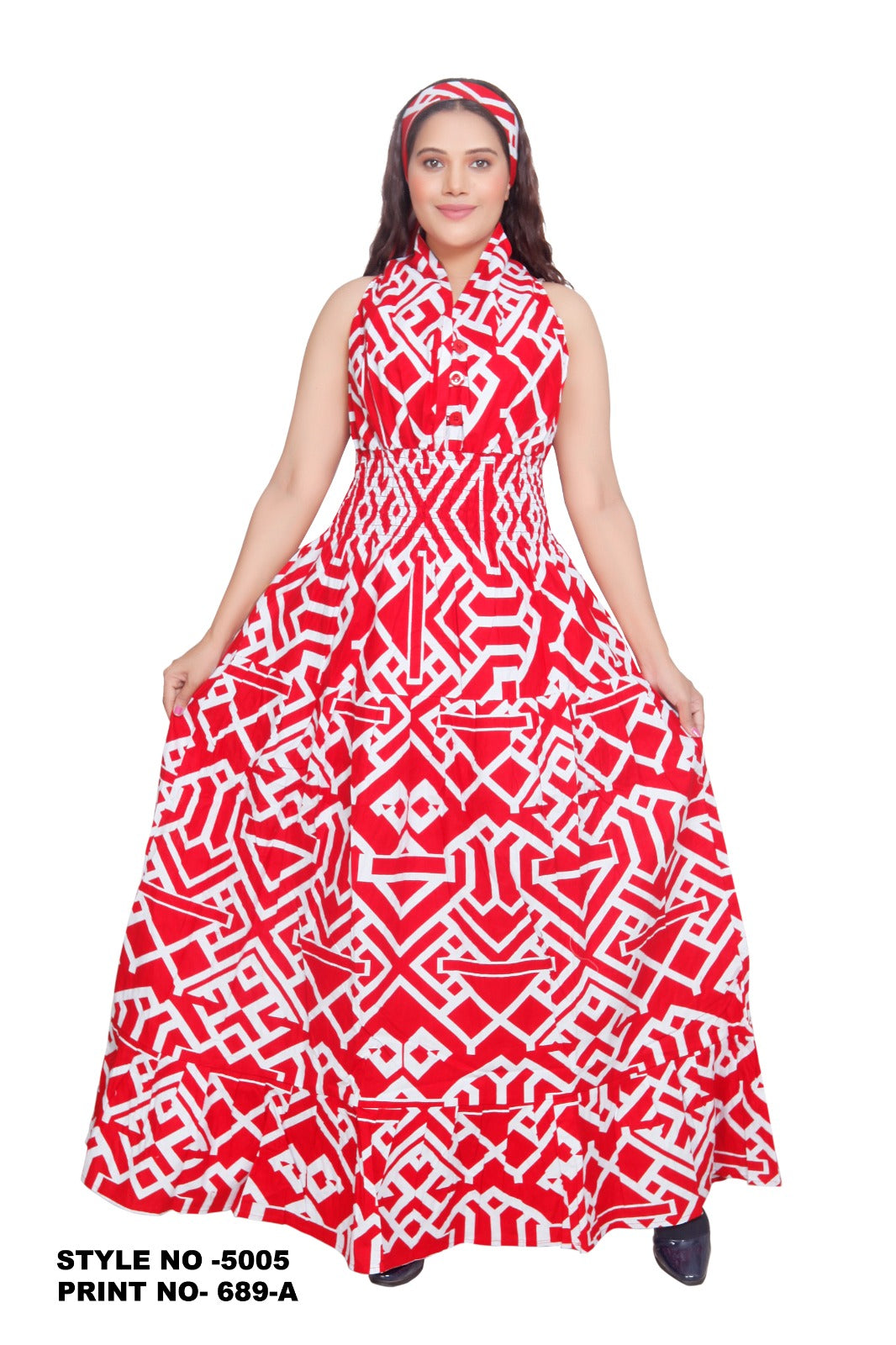 Long Smocked Dress With Scarf 5005 - 689A