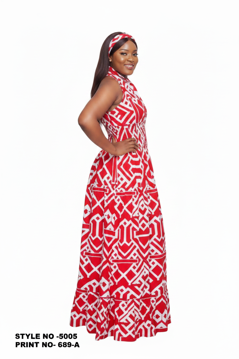 Long Smocked Dress With Scarf 5005 - 689A