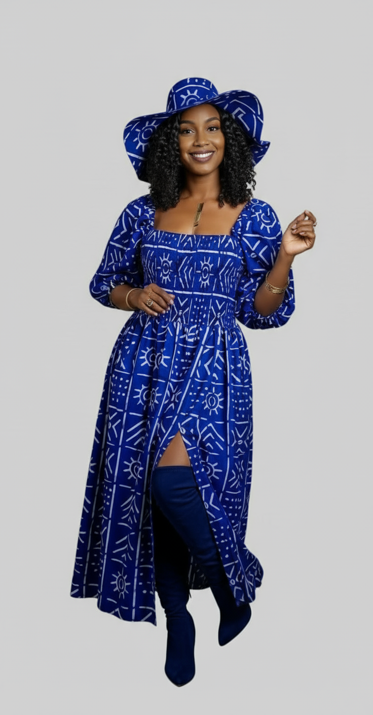 Maxi Slit Dress with Hat & Scarf Set SD01 Blue