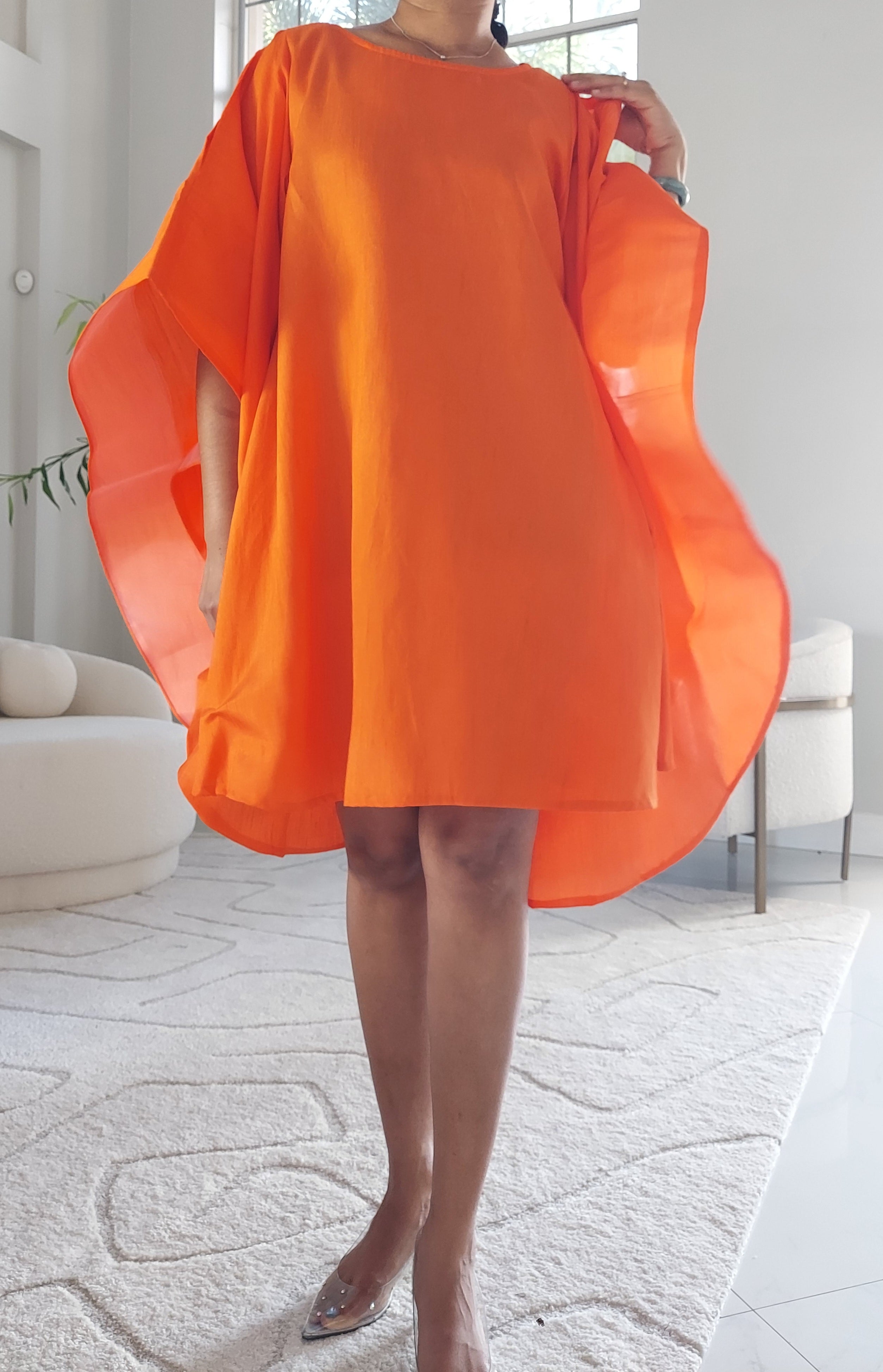 Wing Dress/Faux Silk/Poncho Dress/ Wing Sleeves-25032 Orange
