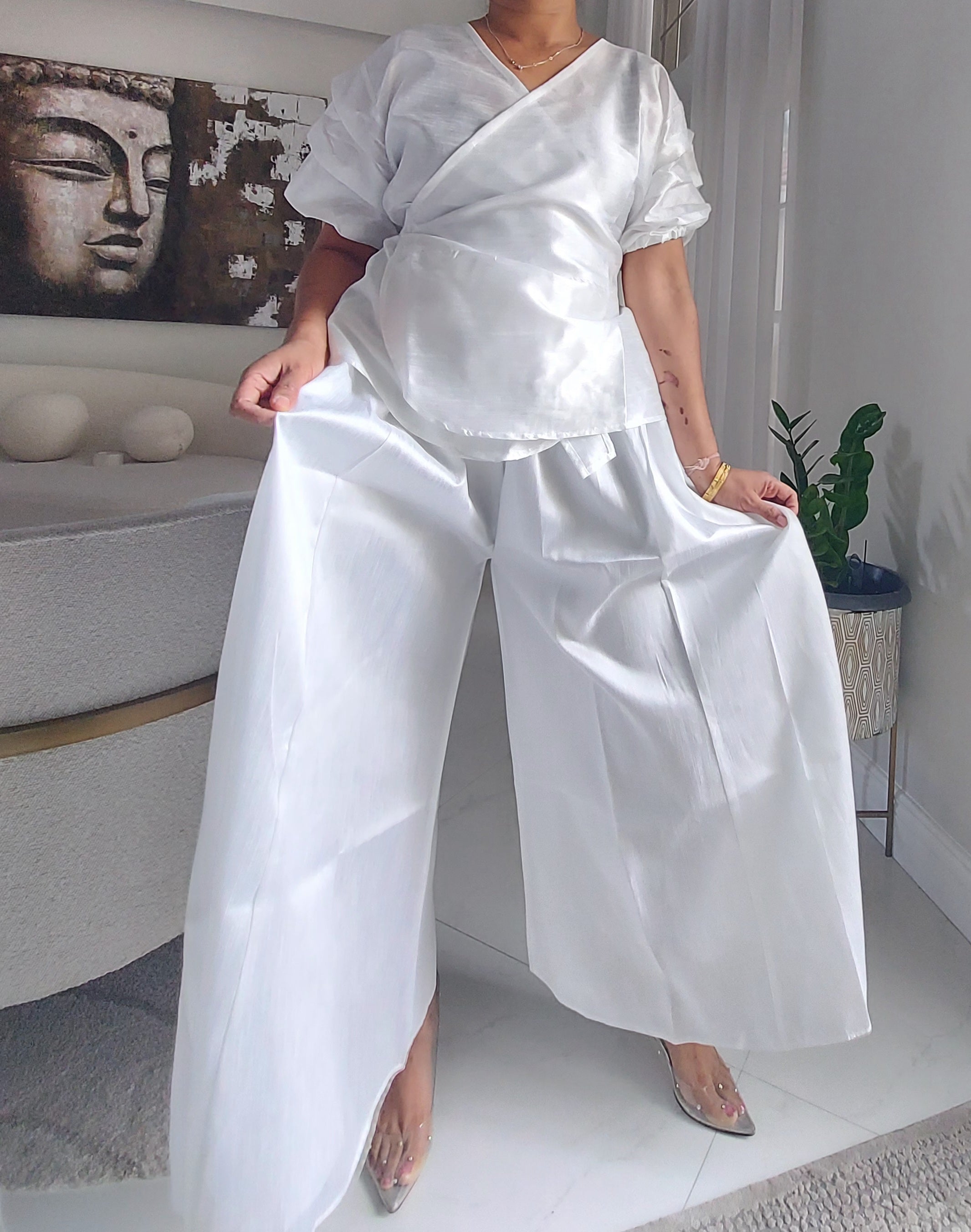 Faux Silk Palazzo Pant Set - 4196 White