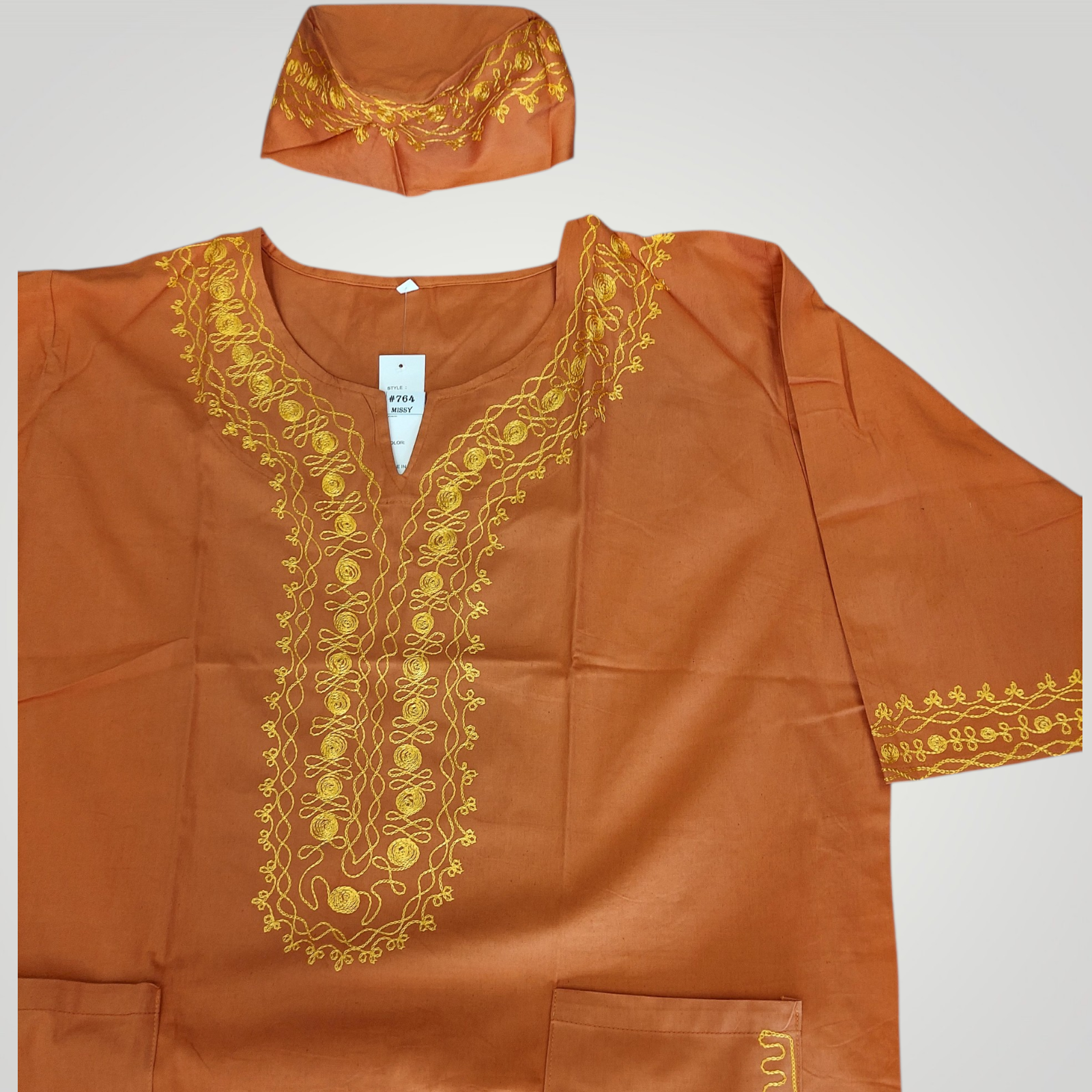 Men’s 3-Piece Embroidered Traditional Set – Kufi Hat, Tunic Shirt & Long Pant 764 Rust