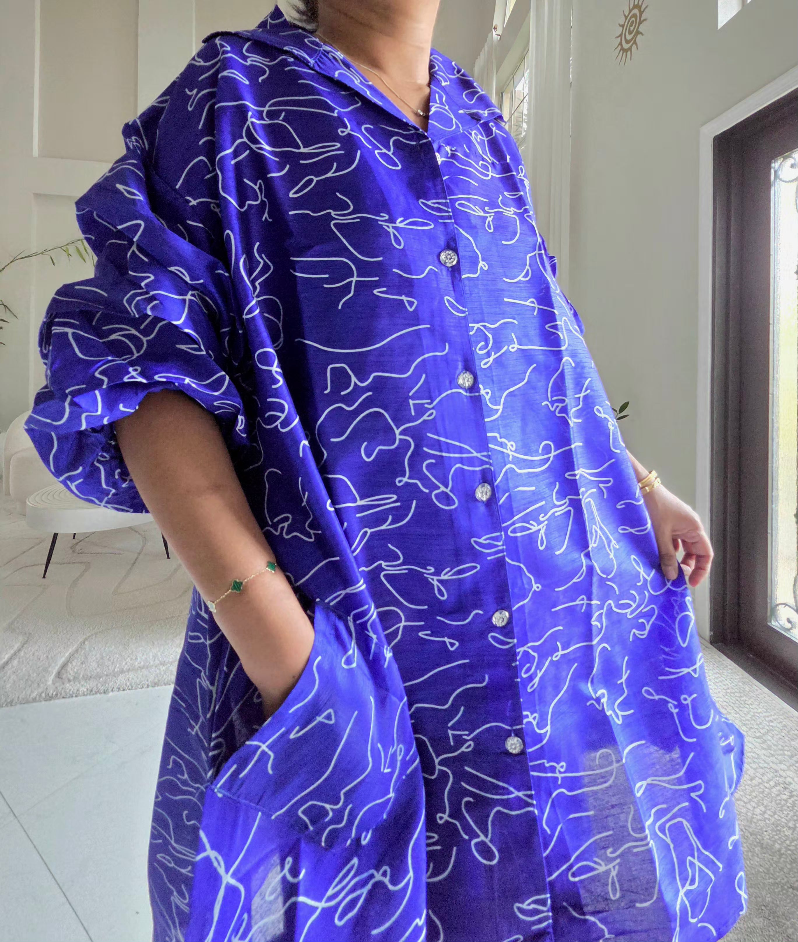 IB25013 - Swing Dress/ Faux Silk / Blue-White 758
