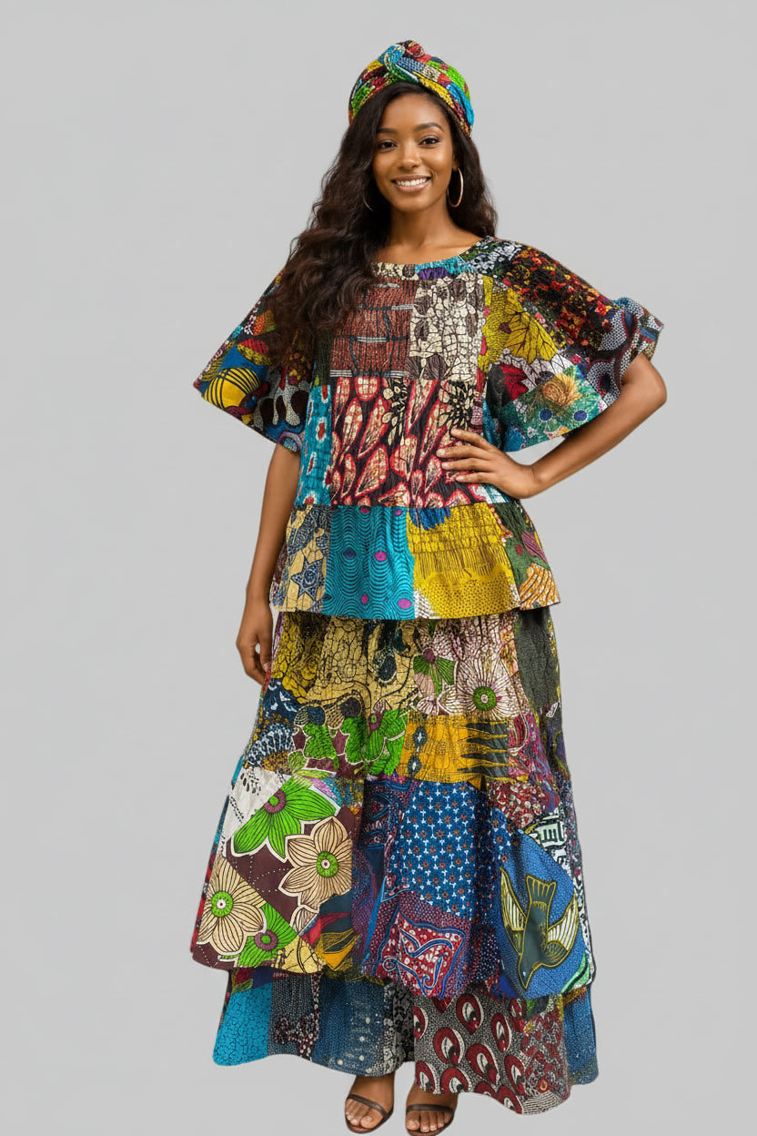 Smocked fit & flare Skirt & Blouse Set -  Patch Print One of A Kind PTS15