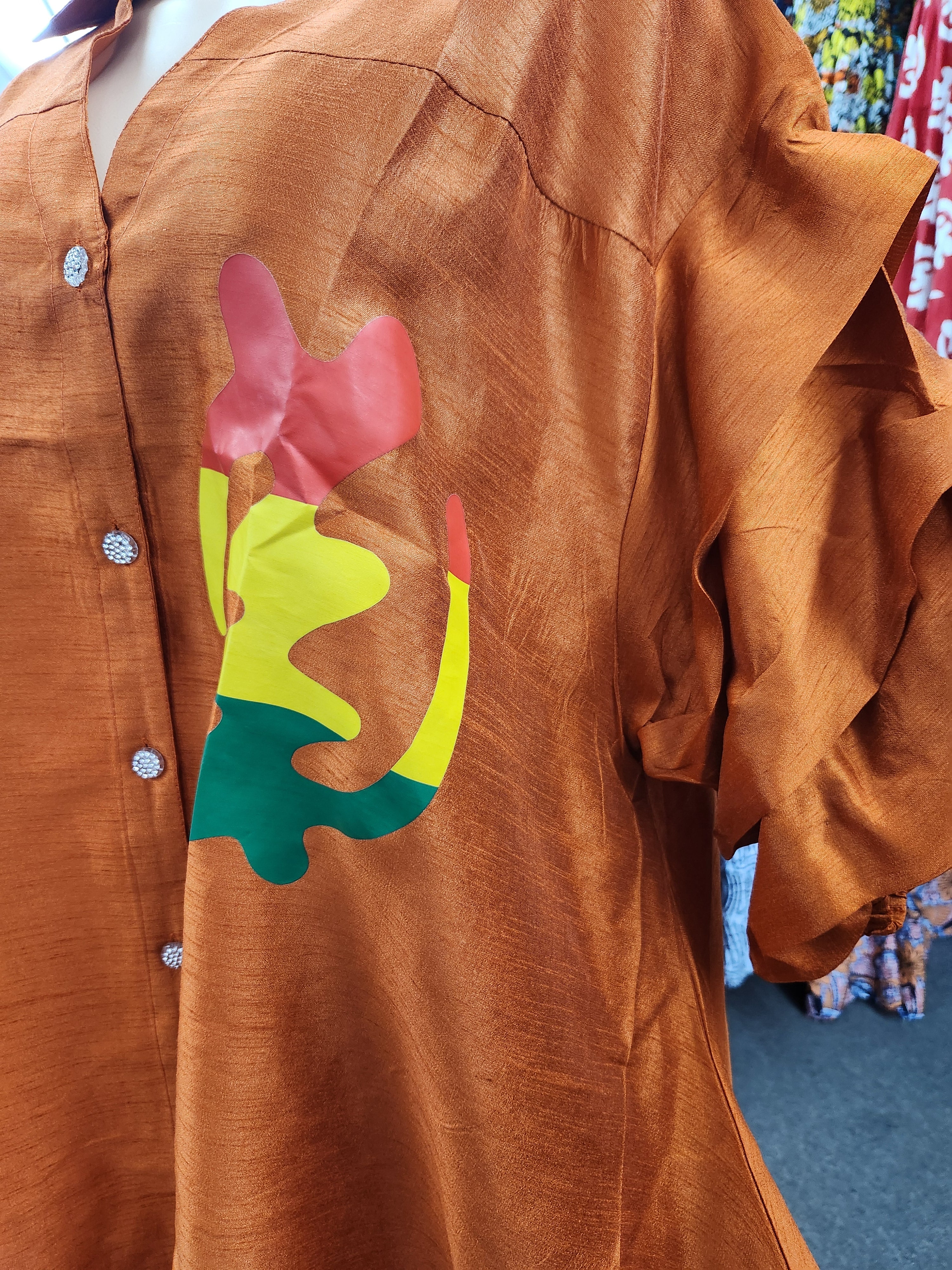 Swing Dress/ Faux Silk/ Ruffle Sleeve With Gyname Decal 758G Rust Orange