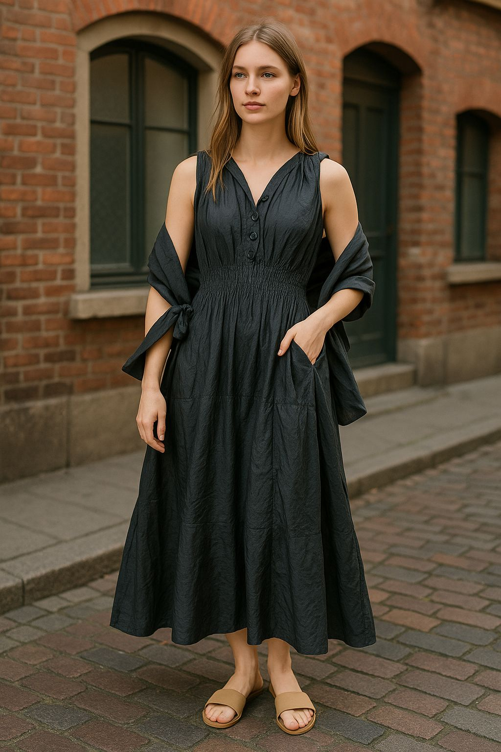 Smocked Halter Dress With Scarf Black Denim - 3028L