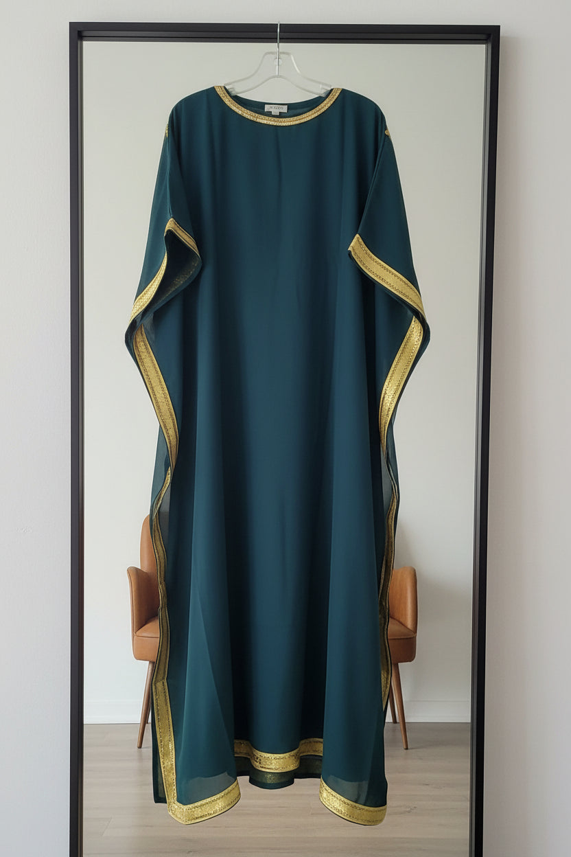 Beaded kaftan Dress With Gold Border Forest Green 103