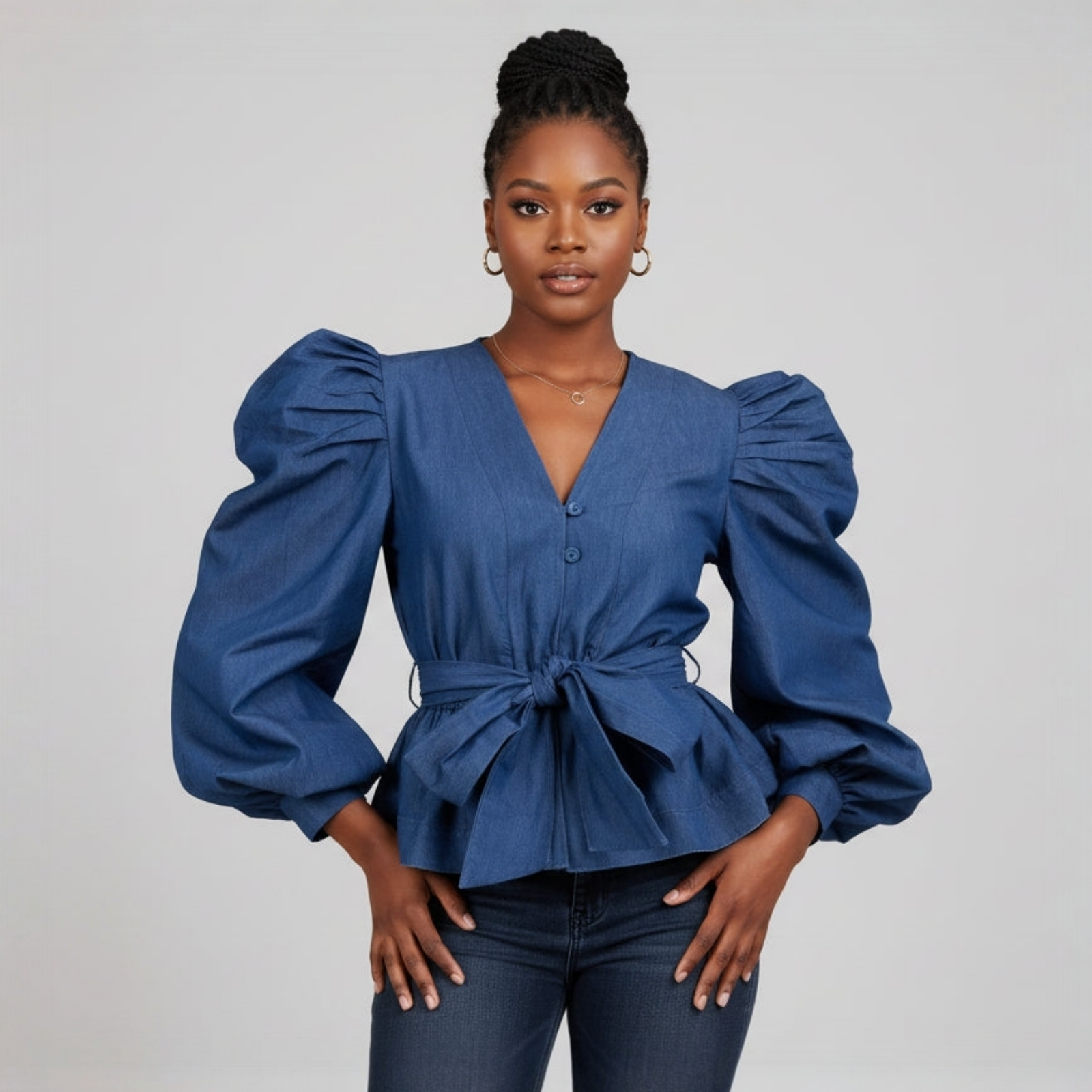 Denim Ruched sleeve Bow Blouse -652D