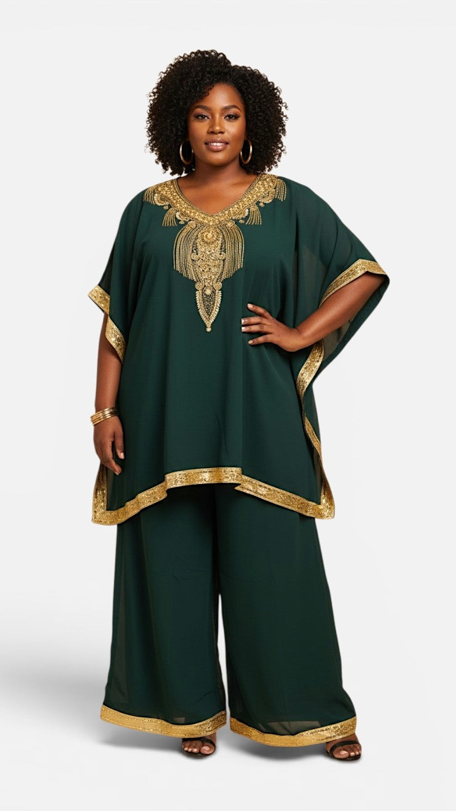 kaftan Palazzo Set Hunter Green And Gold - kP05