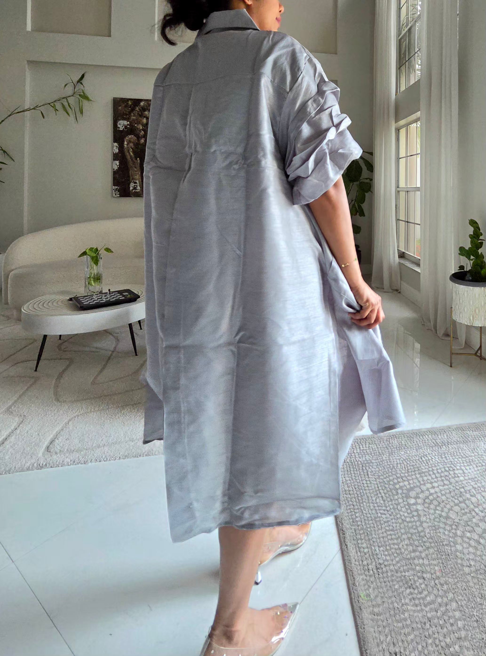 Swing Dress/ Faux Silk/ Ruffle Sleeve / Sparkle Button - 758