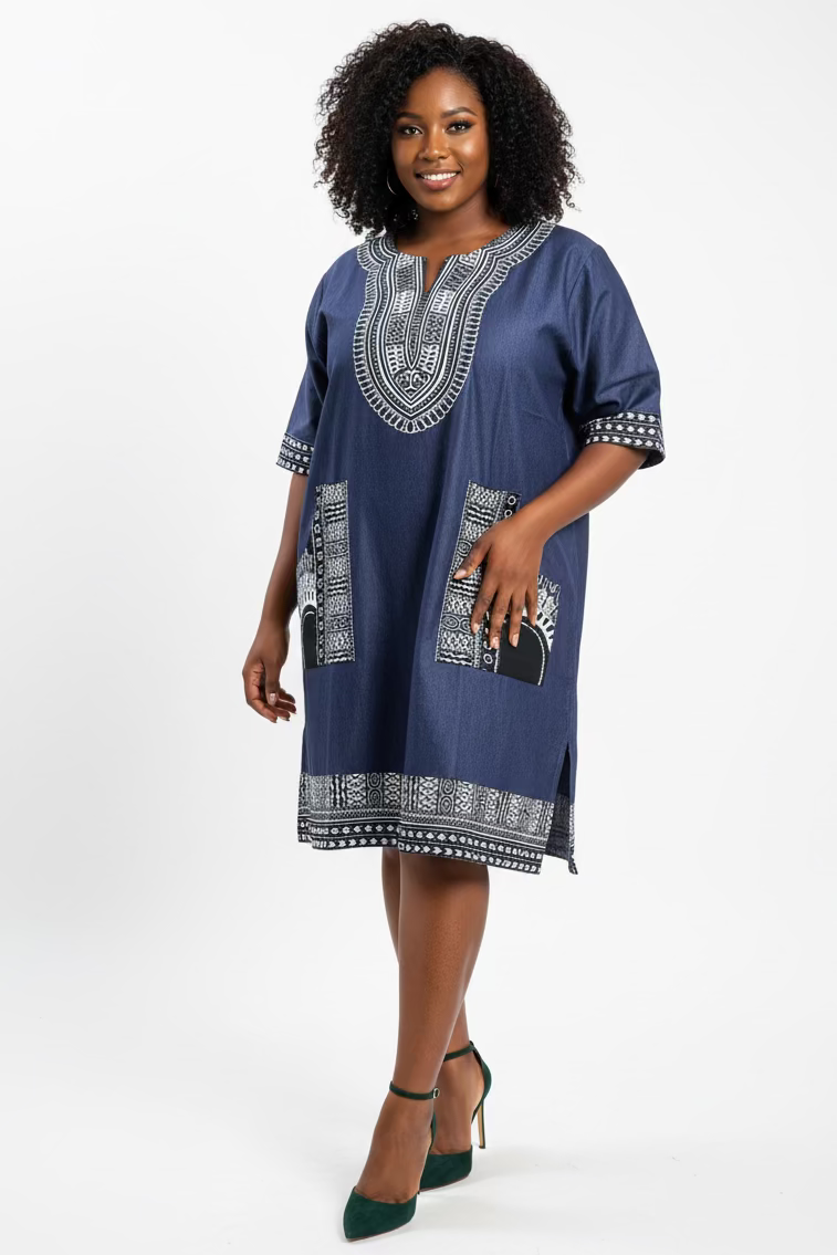 Denim/Dashiki Top/ Dress - Missy Dark Green 105