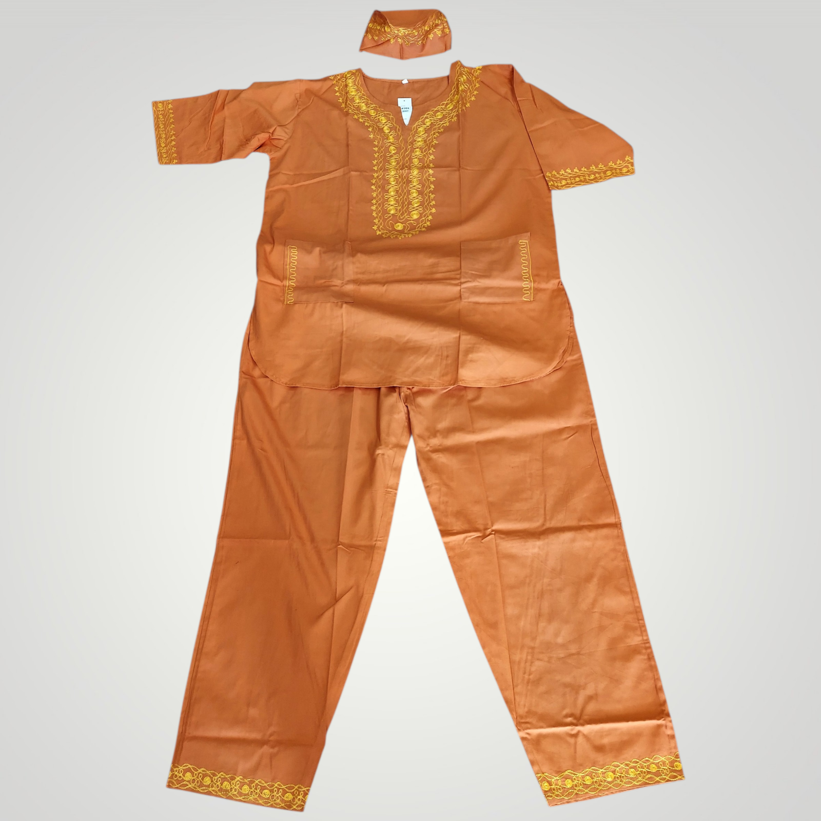 Men’s 3-Piece Embroidered Traditional Set – Kufi Hat, Tunic Shirt & Long Pant 764 Rust