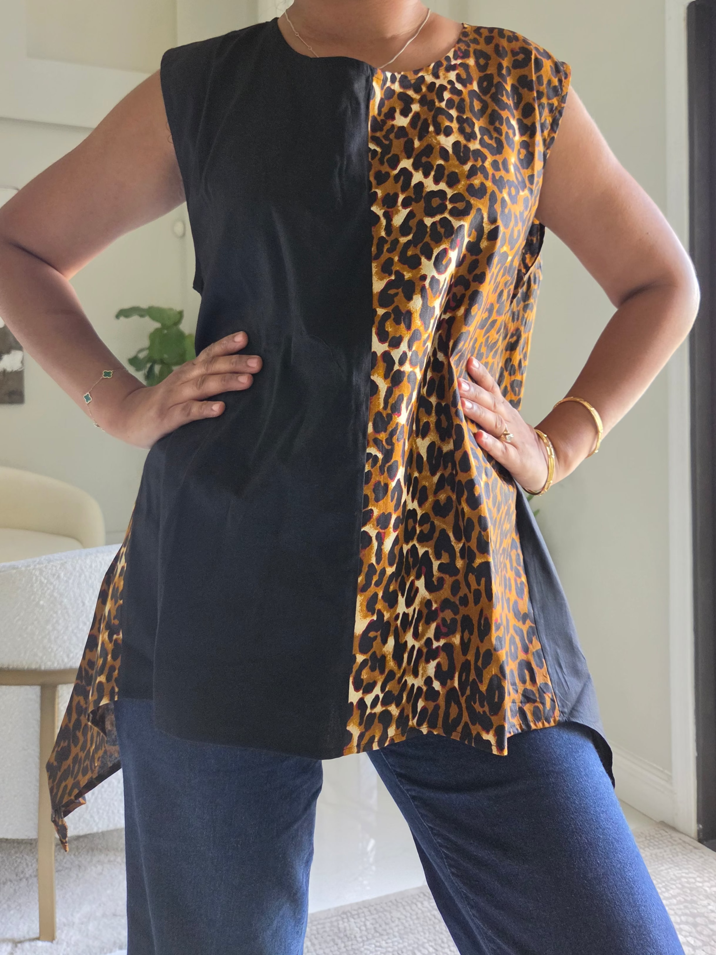 Amina Asymmetric Leopard Cotton Blouse - 7222
