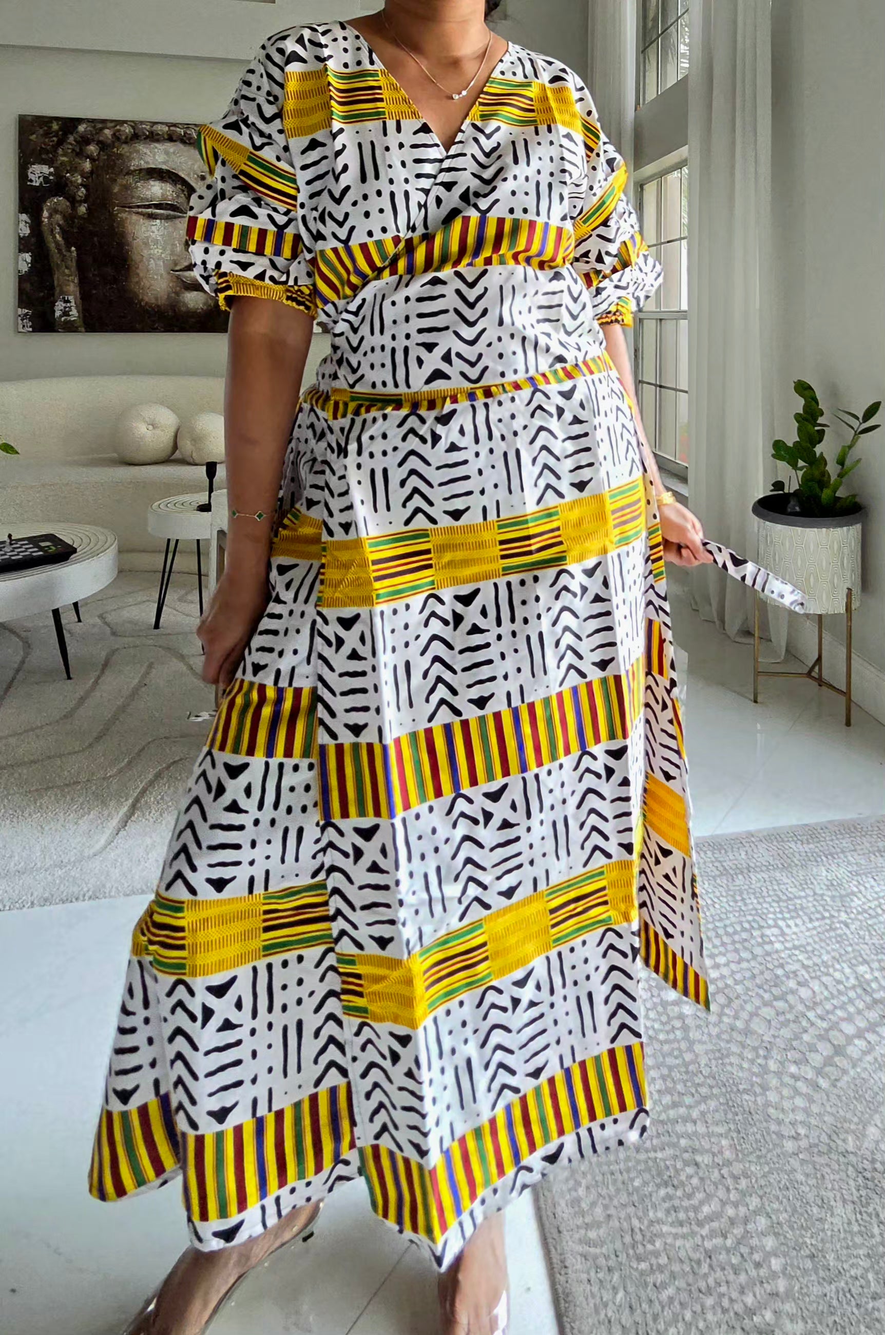 746 Wrap Dress With Puffed Sleeves Print 847