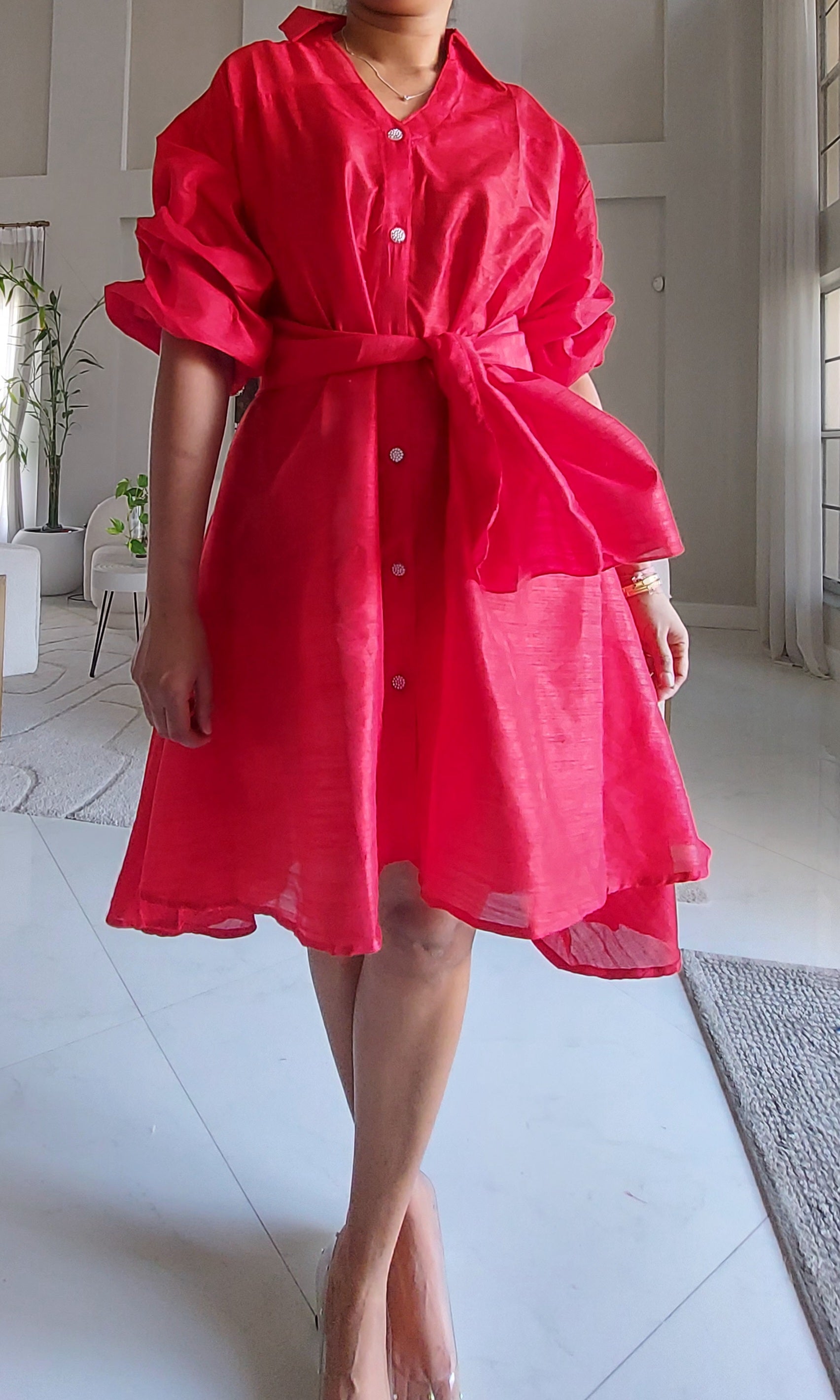 Swing Dress/ Faux Silk/ Ruffle Sleeve - 758 Red