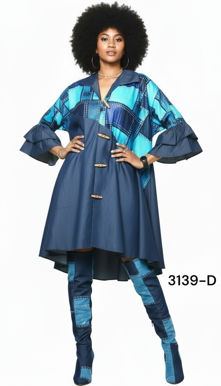 Denim Swing Dress with Ankara African Print 3139-D