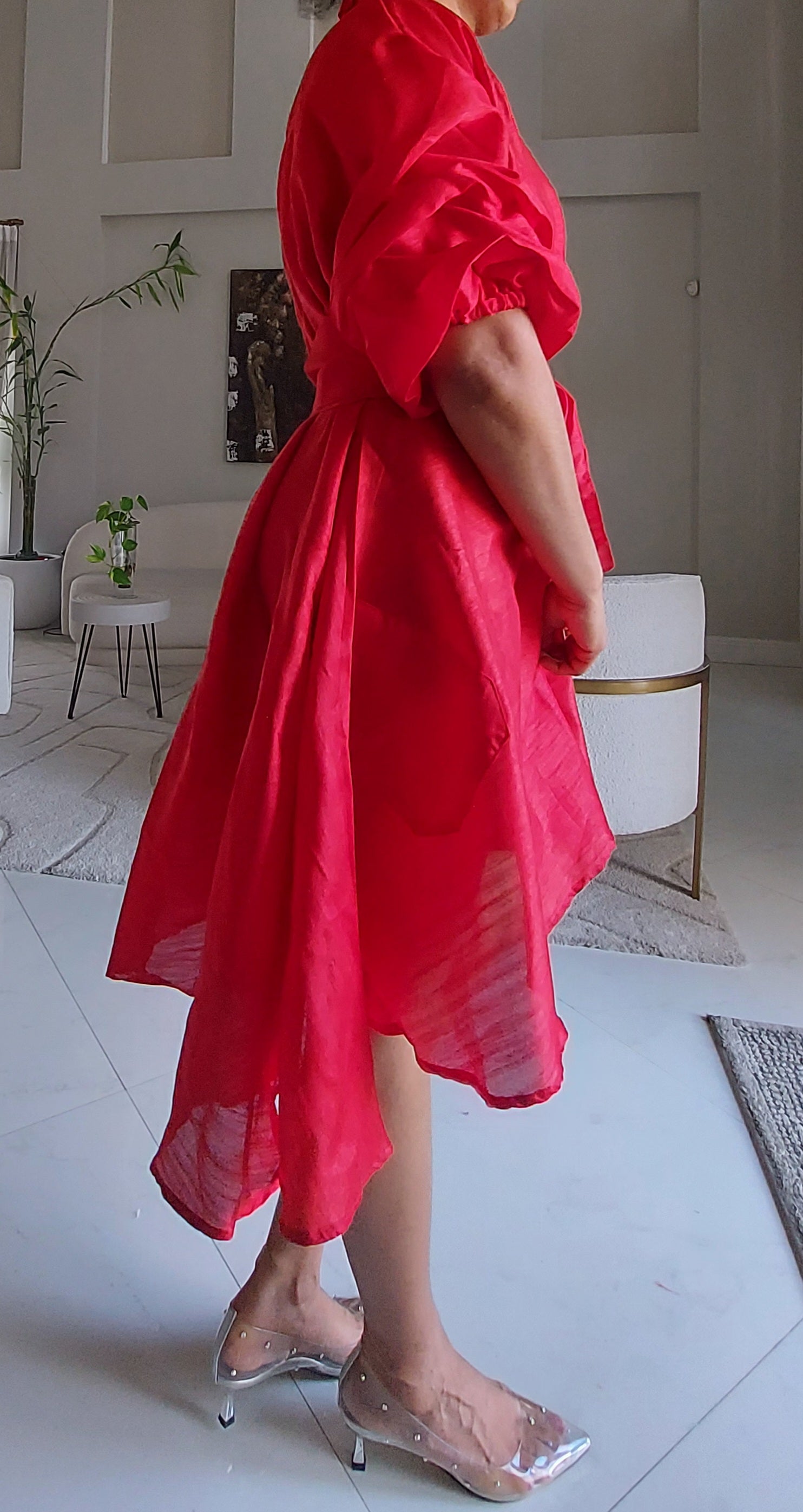 Swing Dress/ Faux Silk/ Ruffle Sleeve - 758 Red