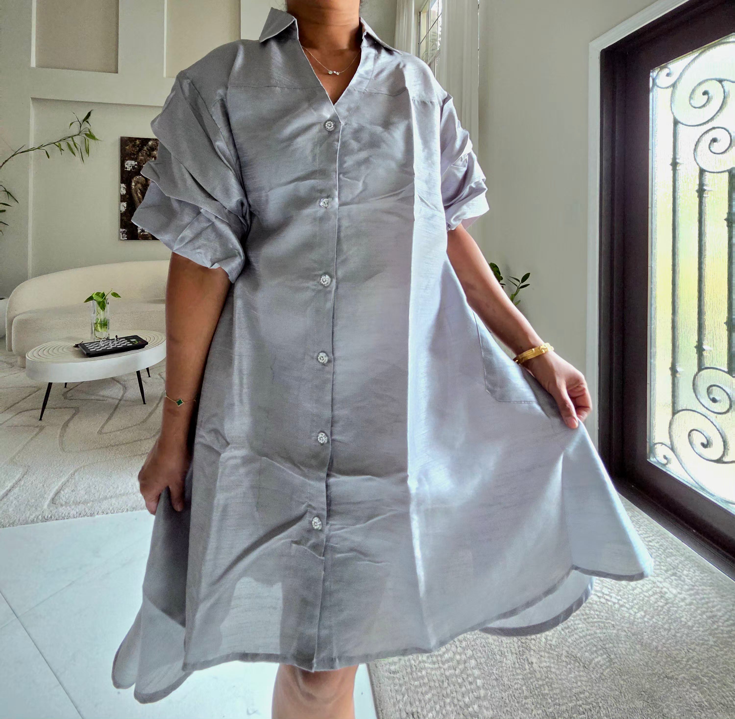Swing Dress/ Faux Silk/ Ruffle Sleeve / Sparkle Button - 758