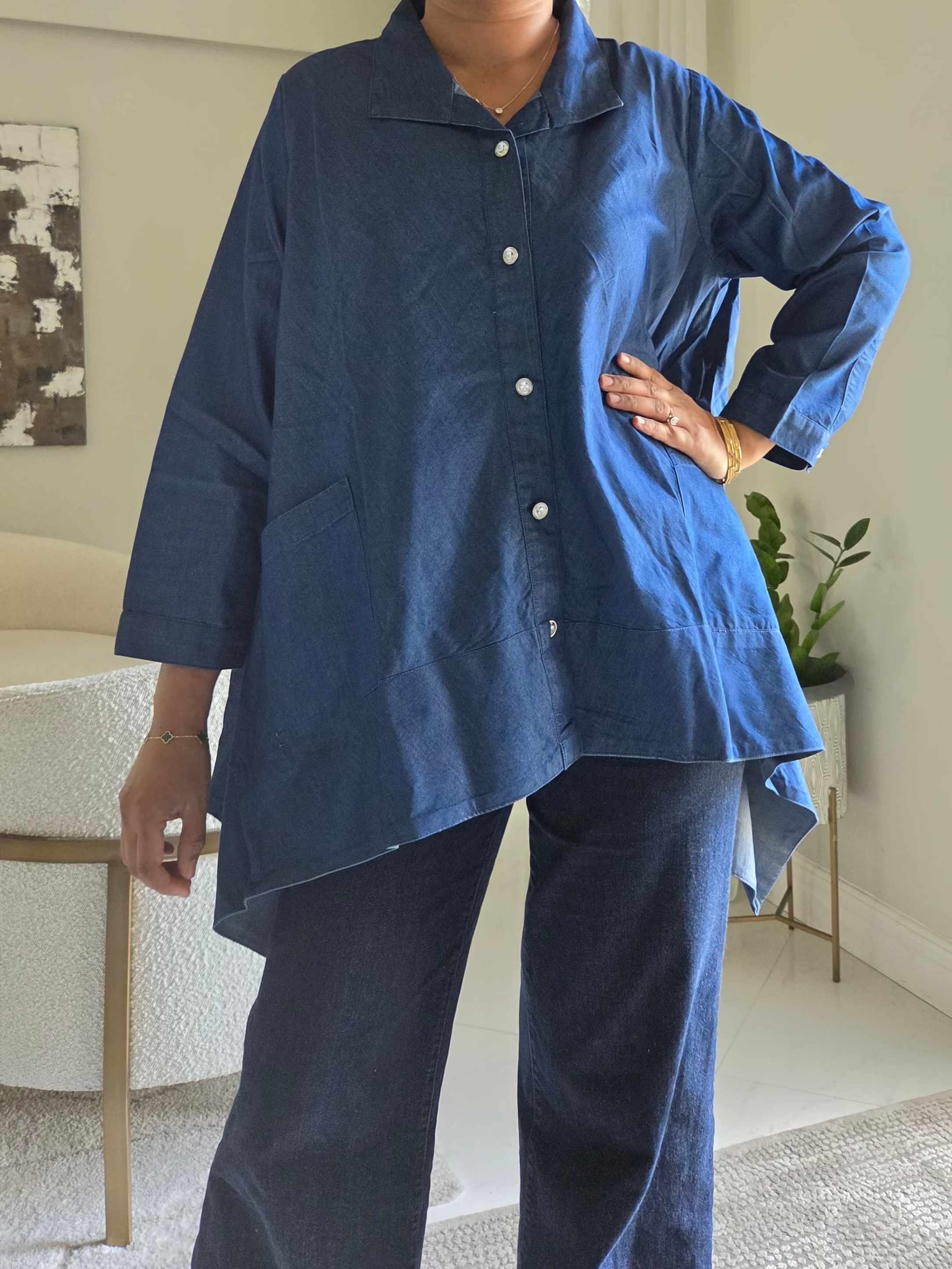 Classic Button-Down Asymmetric Denim Tunic 858X
