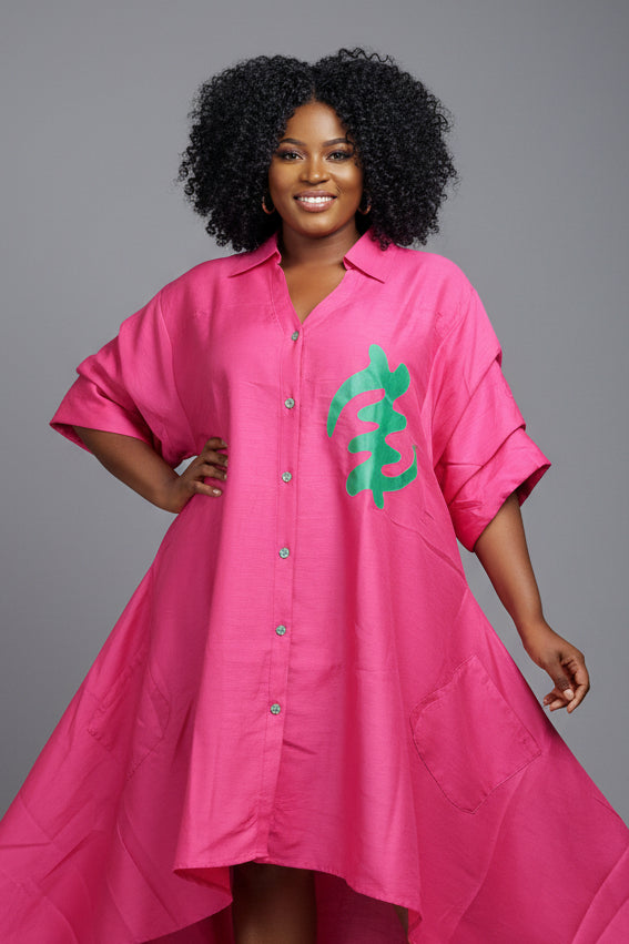 Swing Dress/ Faux Silk/ Ruffle Sleeve With Gyname Decal 758G Fuchsia