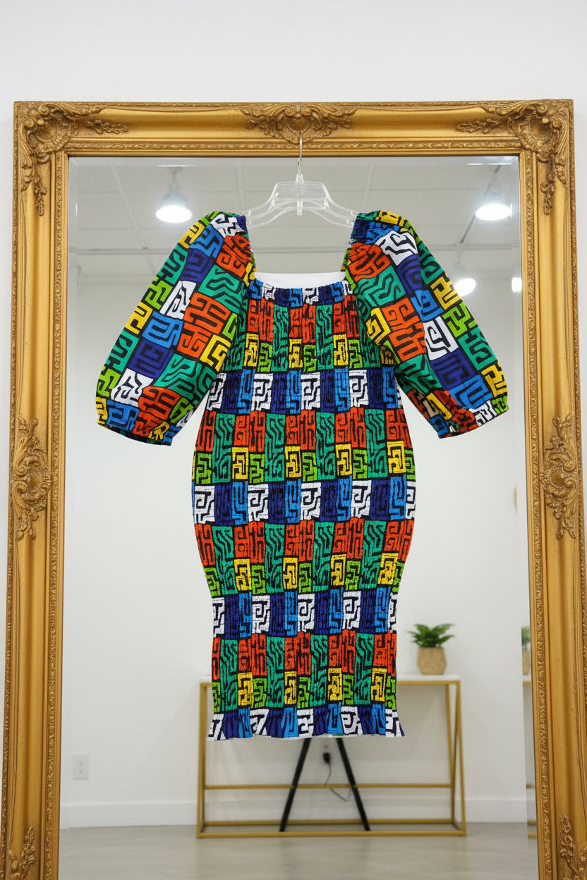 Fitted Smock Mid length Dress/ Puff Sleeve-KVZ35 Multi