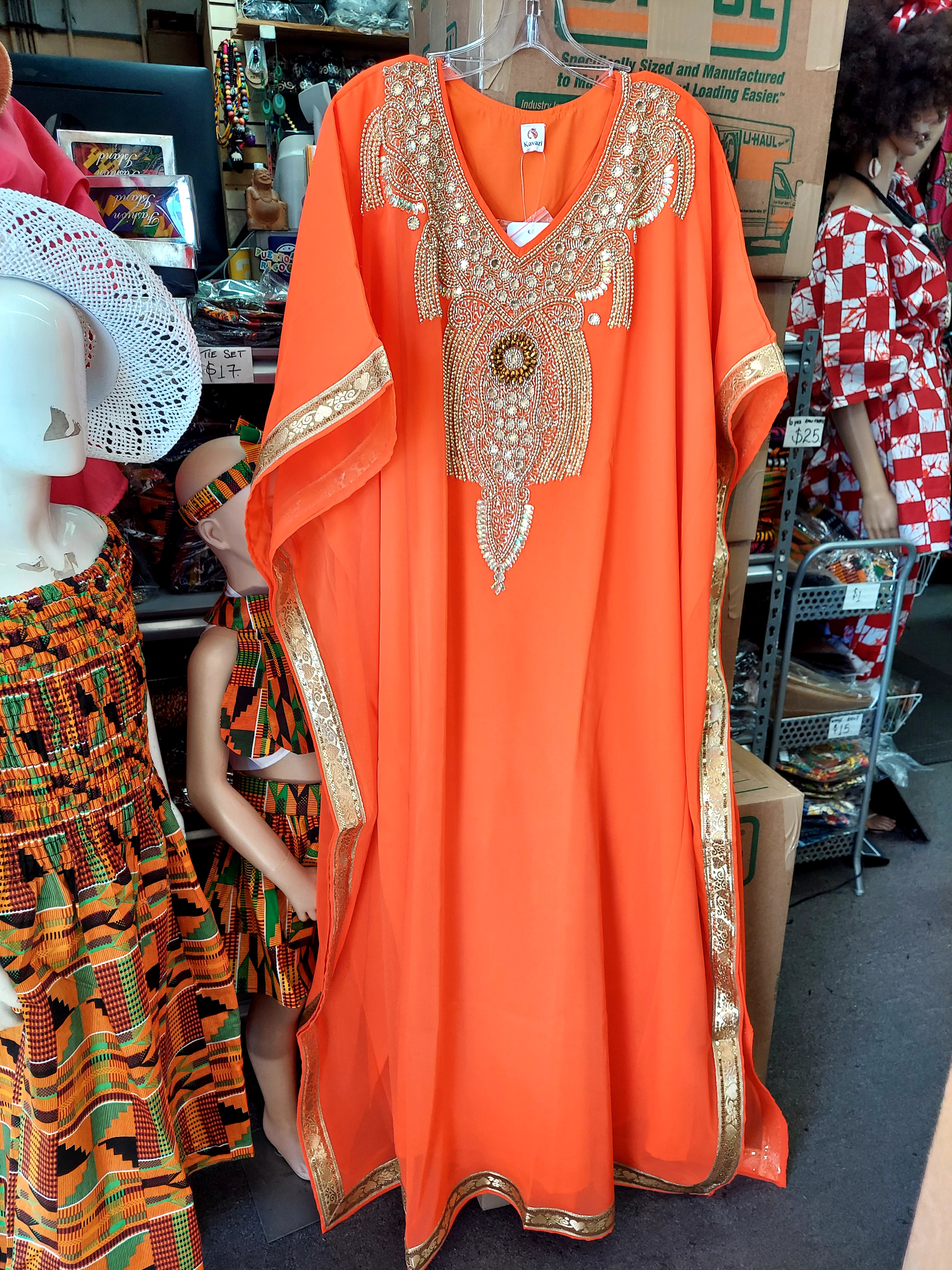 Beaded kaftan Dress With  Border Orange