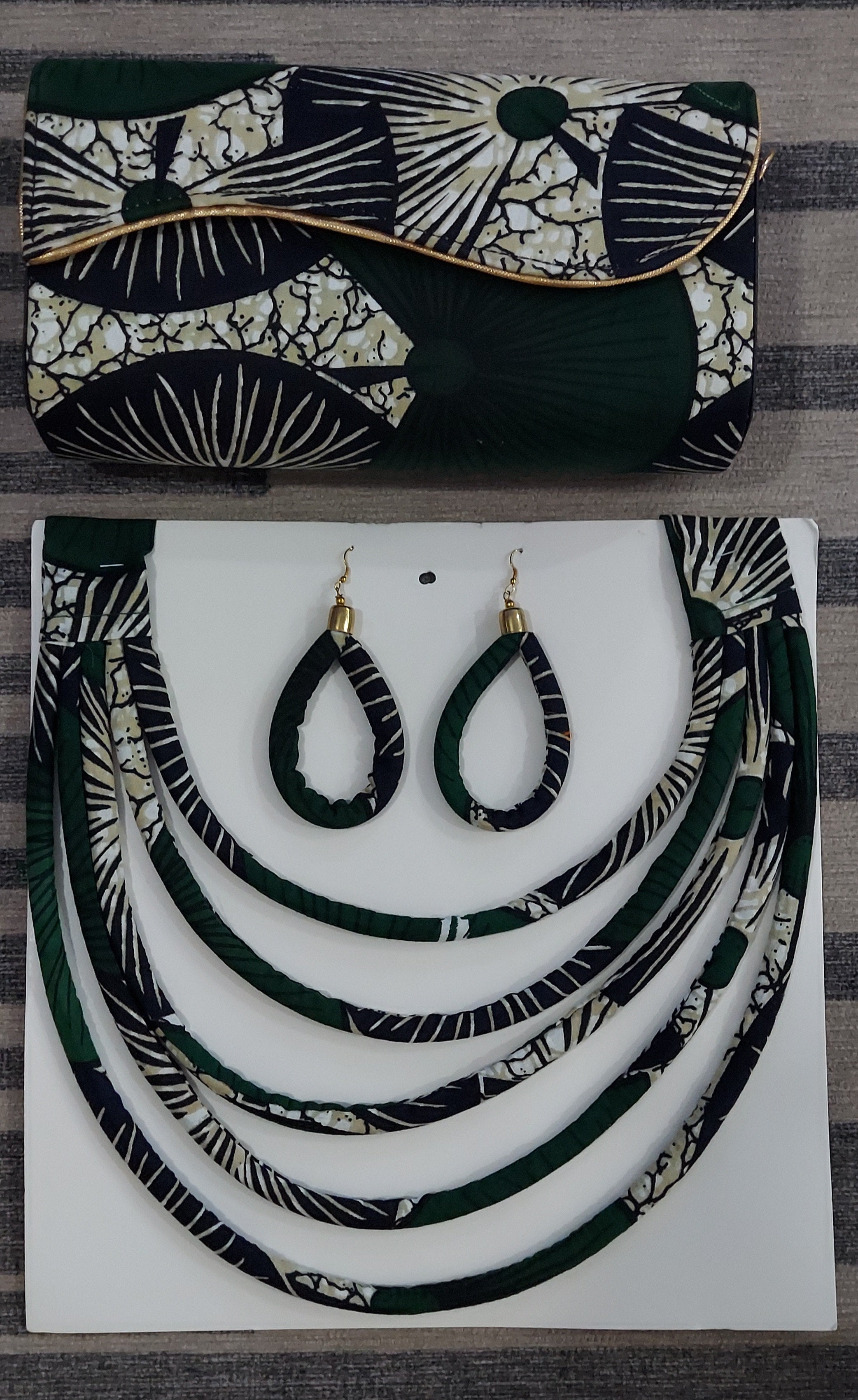 Clutch Bag & Rope  Necklace Set /African Kente /Ankara 23 Green