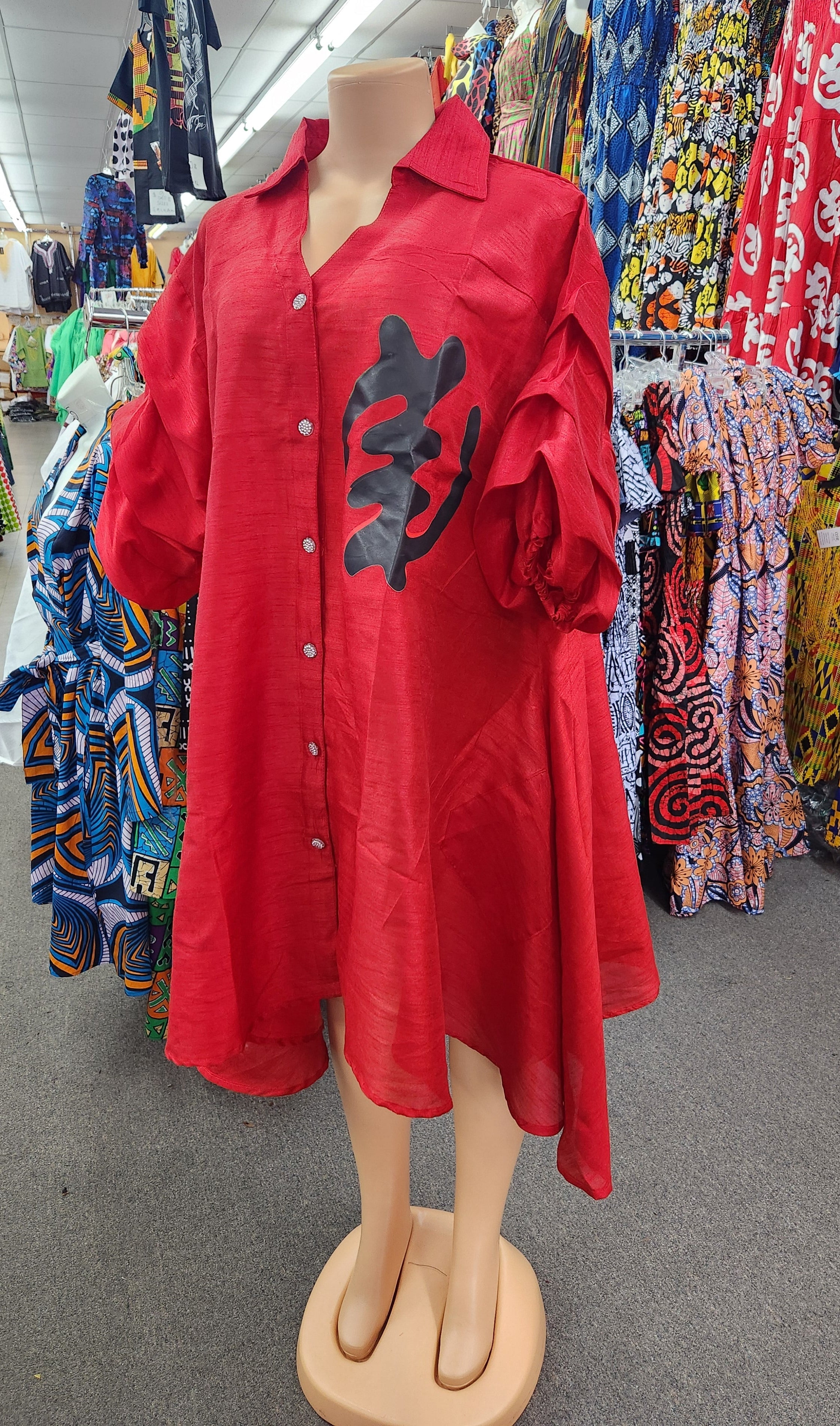 Swing Dress/ Faux Silk/ Ruffle Sleeve With Gyname Decal 758G Red