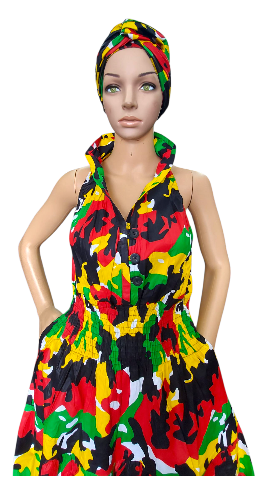 Smocked Halter Dress With Scarf Army Rasta - 3028L India Batik Smocked Halter Dress With Scarf Army Rasta - 3028L India Batik