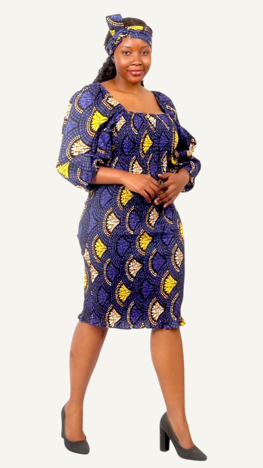 Fitted Smock Mid length Dress/ Puff Sleeve-KVZ35 Blue